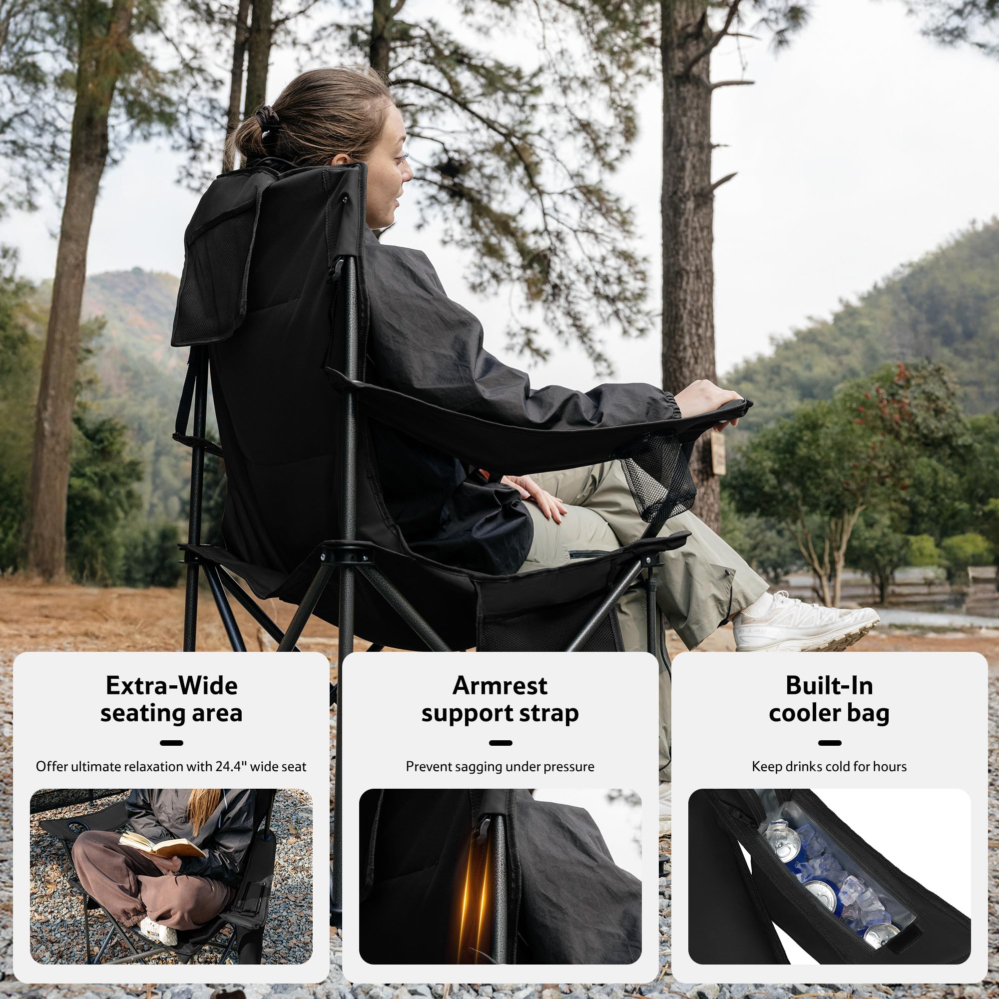 Naturehike 2 sillas de camping portátiles plegables de 200 kg, acolchadas, con soporte para bebidas, silla de pesca, pícnic, jardín, exterior, playa (negro)