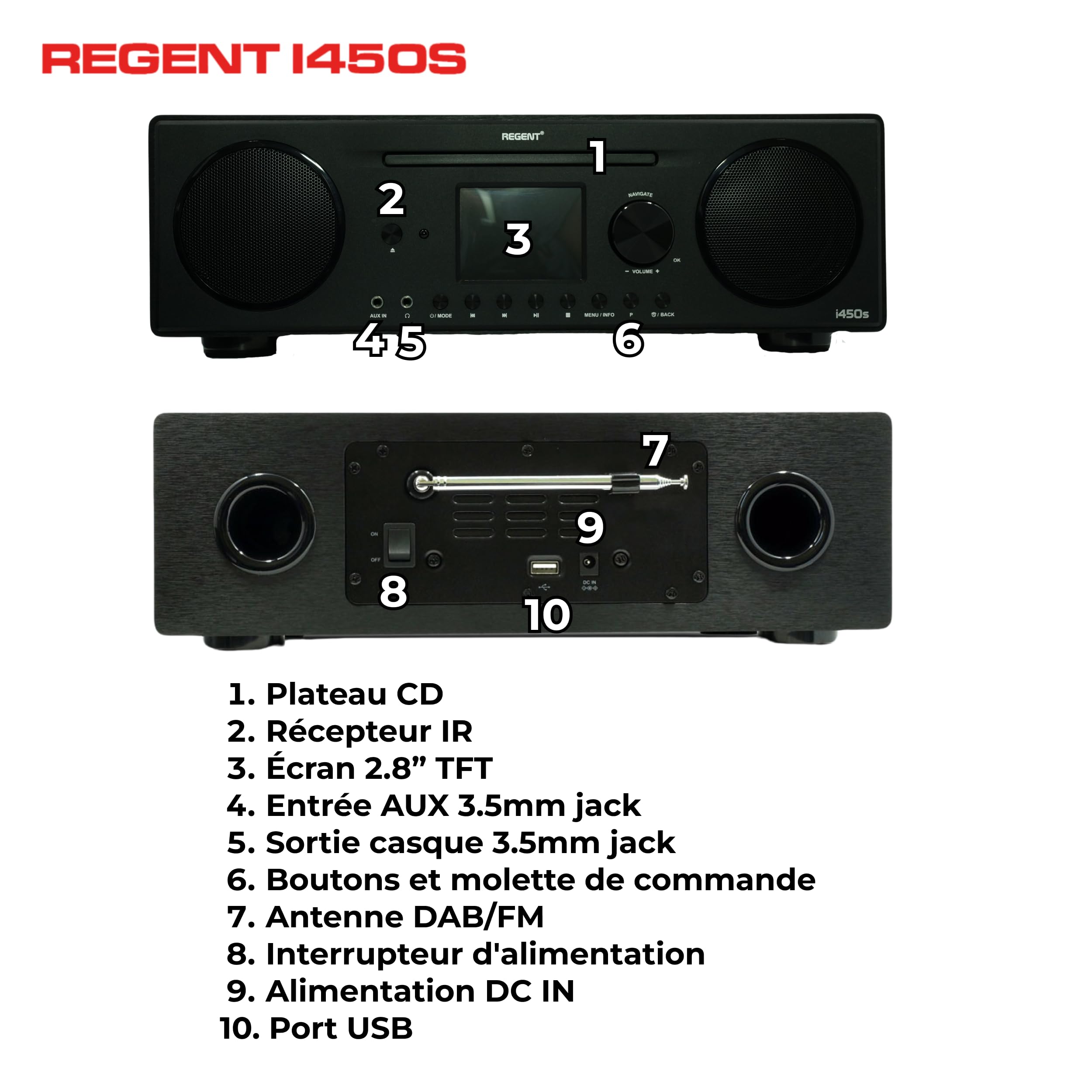 Regent i450s Lecteur CD Radio Internet WiFi Spotify Connect/AUX/USB/Bluetooth – Poste Radio: Enceinte, CD Player, Hi-FI, FM - Home Stéréo - Alarme Double, télécommande (Noir)