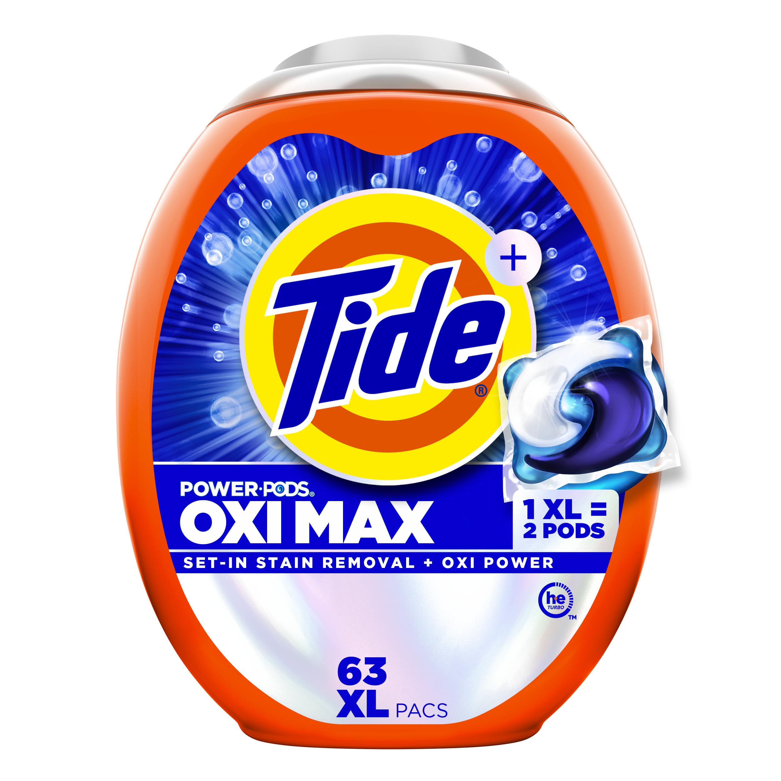 Tide Oxi Max Power PODS Laundry Detergent Pods, Stain Remover Plus Oxi Power, Detergent soap pacs for laundry washing, HE compatible, 63 Count