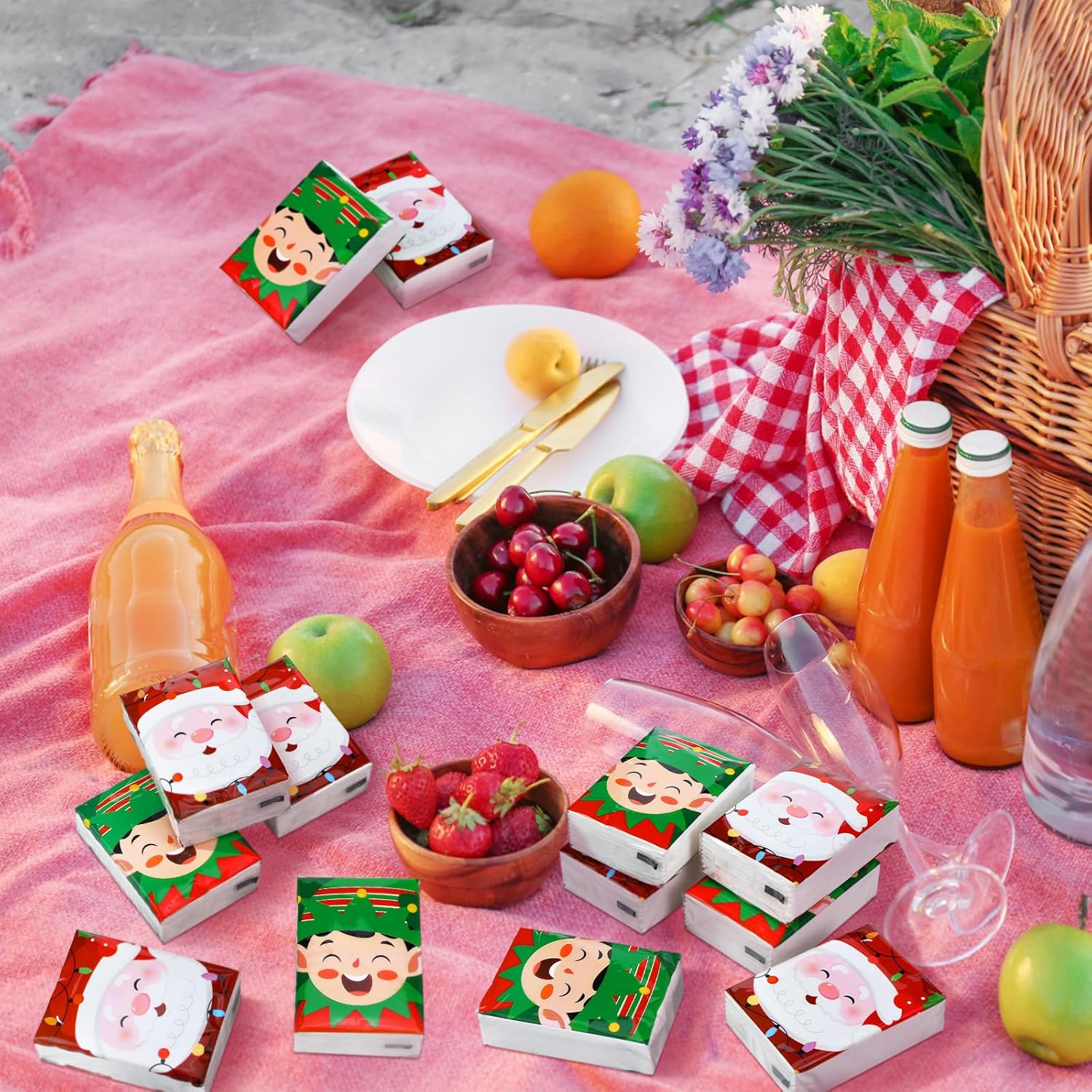 Fourluoo 100 Pack Pocket Tissues Individual Packs Bulk 3 Ply Mini Wallet Facial Tissues Travel Size for Spring Summer Wedding Party Supplies(Santa Claus Elf)