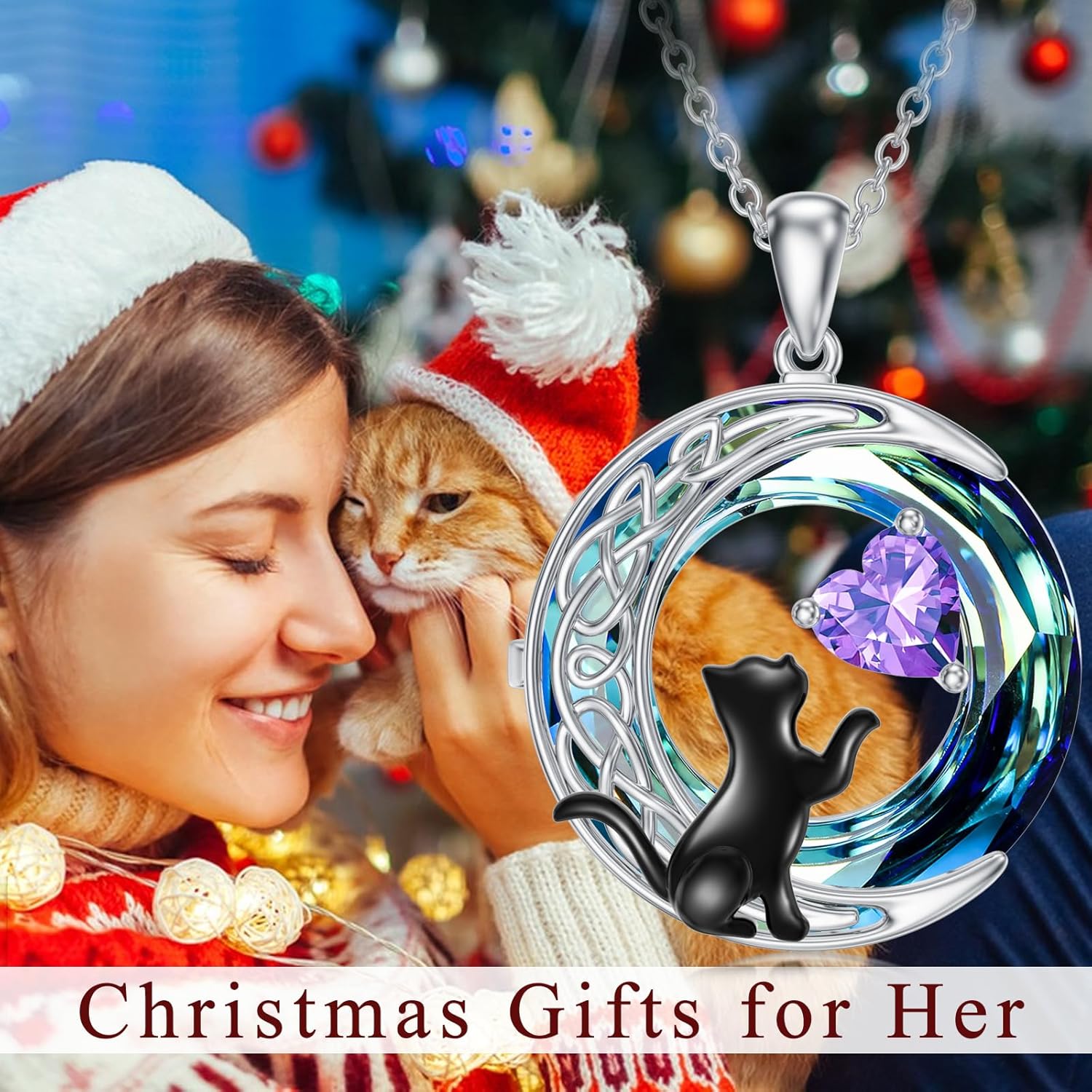 TOUPOP Cat Gifts for Cats Lovers 925 Sterling Silver Black Cat Necklace Celtic Moon Birthstone Jewelry for Women Valentines Day Birthday Gifts for Her - Image 2