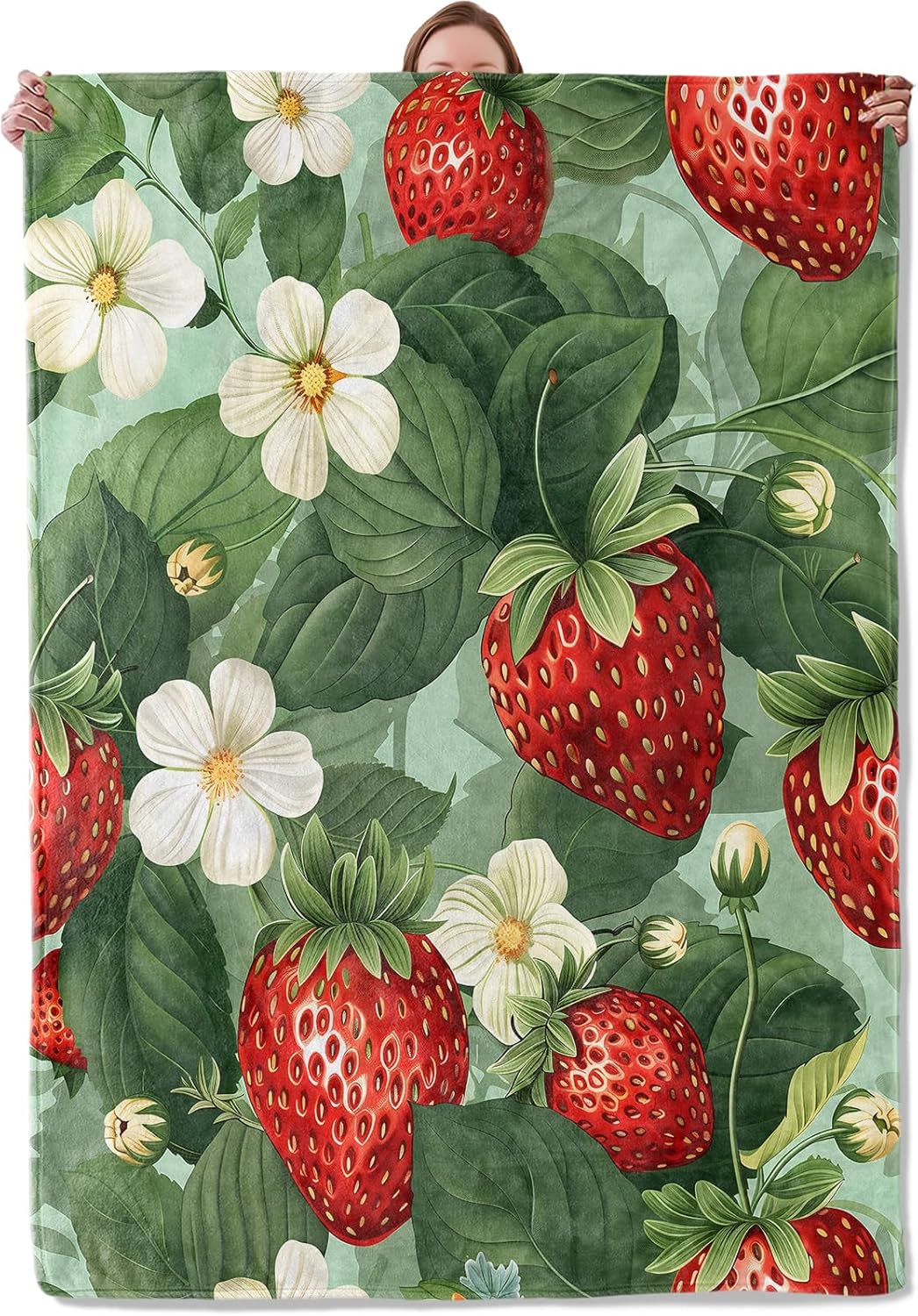 Strawberry Blanket, Strawberry and Blossoms Themed Flannel Blanket Gifts for Women, Soft Warm Lightweight Blankets for Living Room Home Travel Decor 50" x 60"