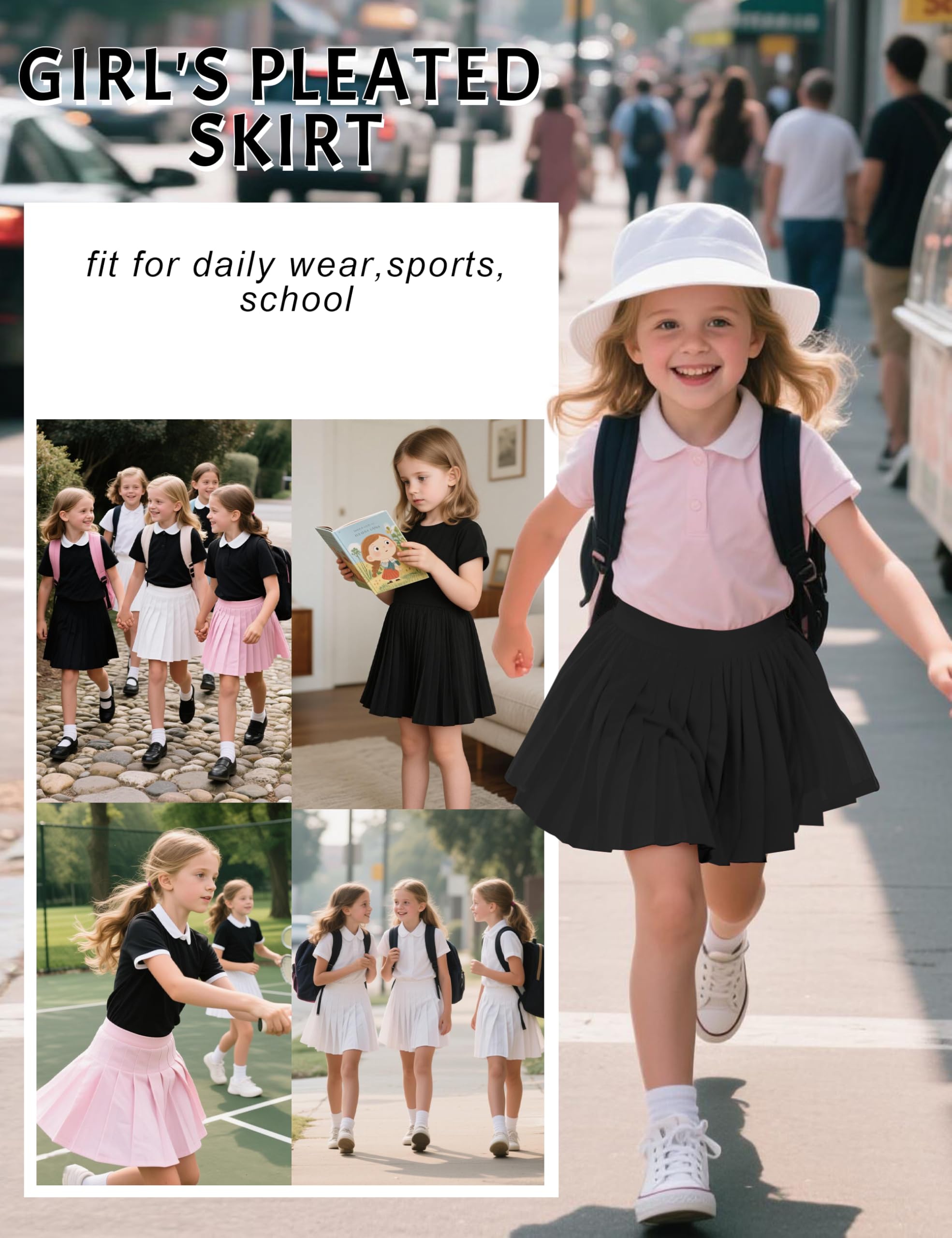 Faltenrock für Mädchen Kinder mit integrierten Shorts, Minirock Skorts mitmit 2 Seitentaschen, Mädchen Schuluniform-Skort Schwarze Skaterrock