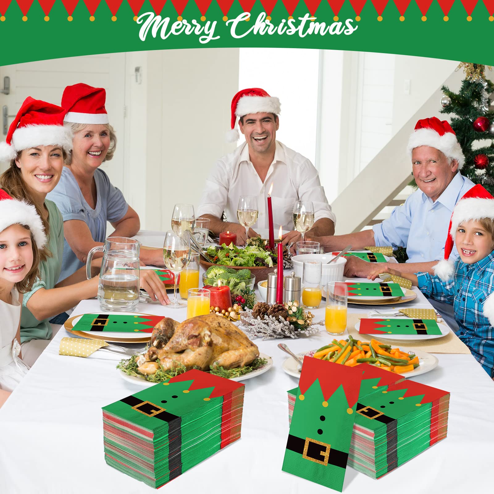 Lot de 200 serviettes de Noël jetables en papier 3 plis pour invités de Noël - Fournitures de fête d'hiver, décorations de table (style elfe)