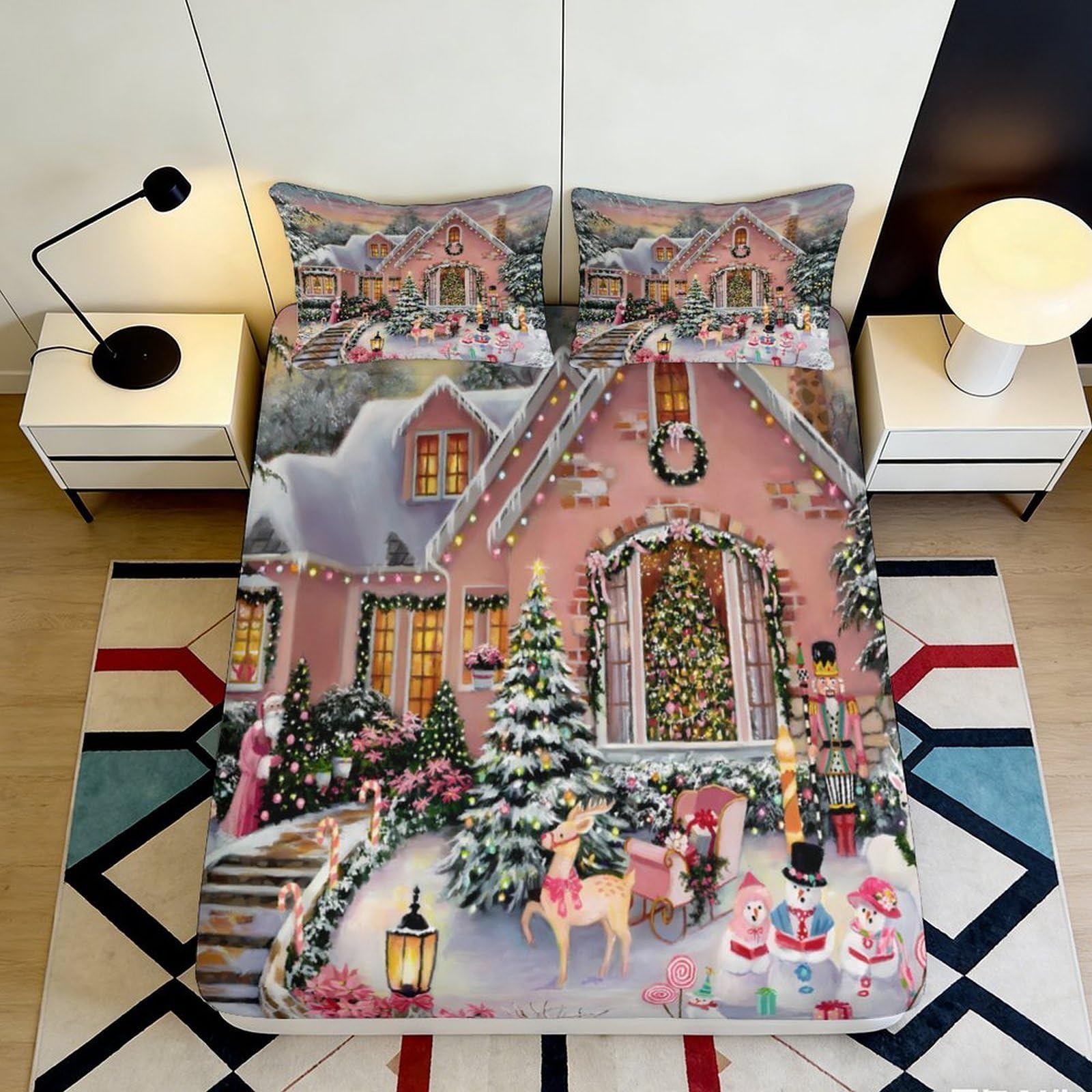 Uxinyoume Style-5 3D Printed Christmas House Fitted Sheet Microfiber Soft Non-Slip Snow Village Bed Cover For Bedroom Guest Room Decor 90X200x25cm