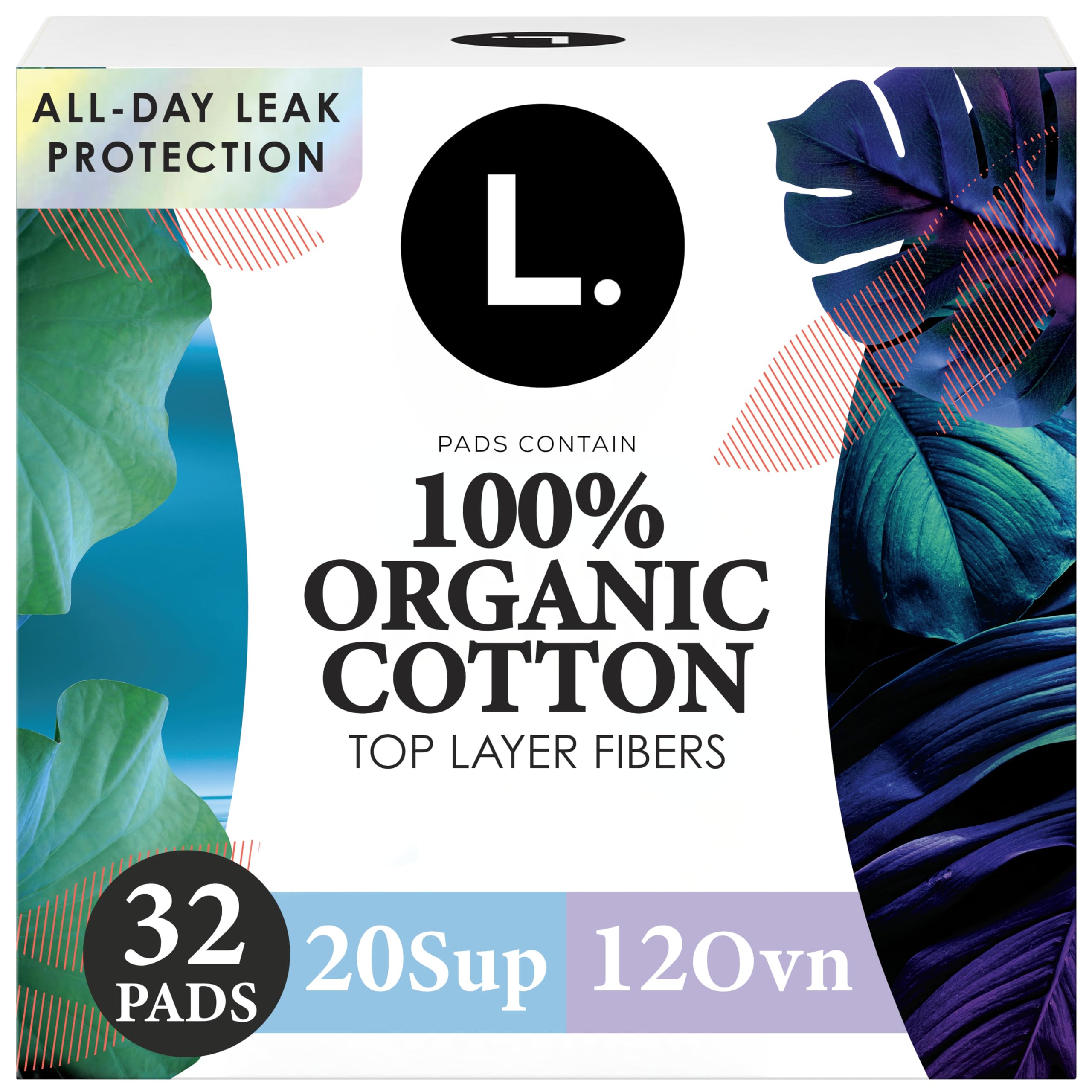 L. Ultra Thin Pads for Women, Organic Cotton Top Layer, Super + Extra Long Overnight Duo Pack Absorbency, Menstrual Pads with Wings, 32 Count