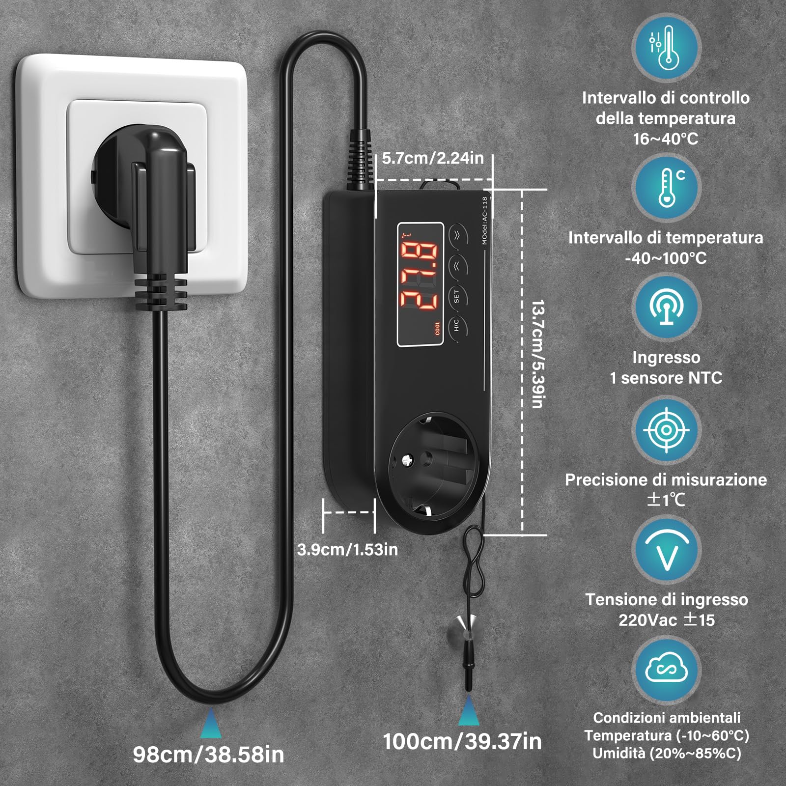 GlowUp Termostato per Terrari 220V Regolatore di Temperatura della Presa EU Plug con Sensore Digitale Termostato Controllo della Temperatura per Serre, Rettili, Acquari, Incubatori ECC (1Pcs)
