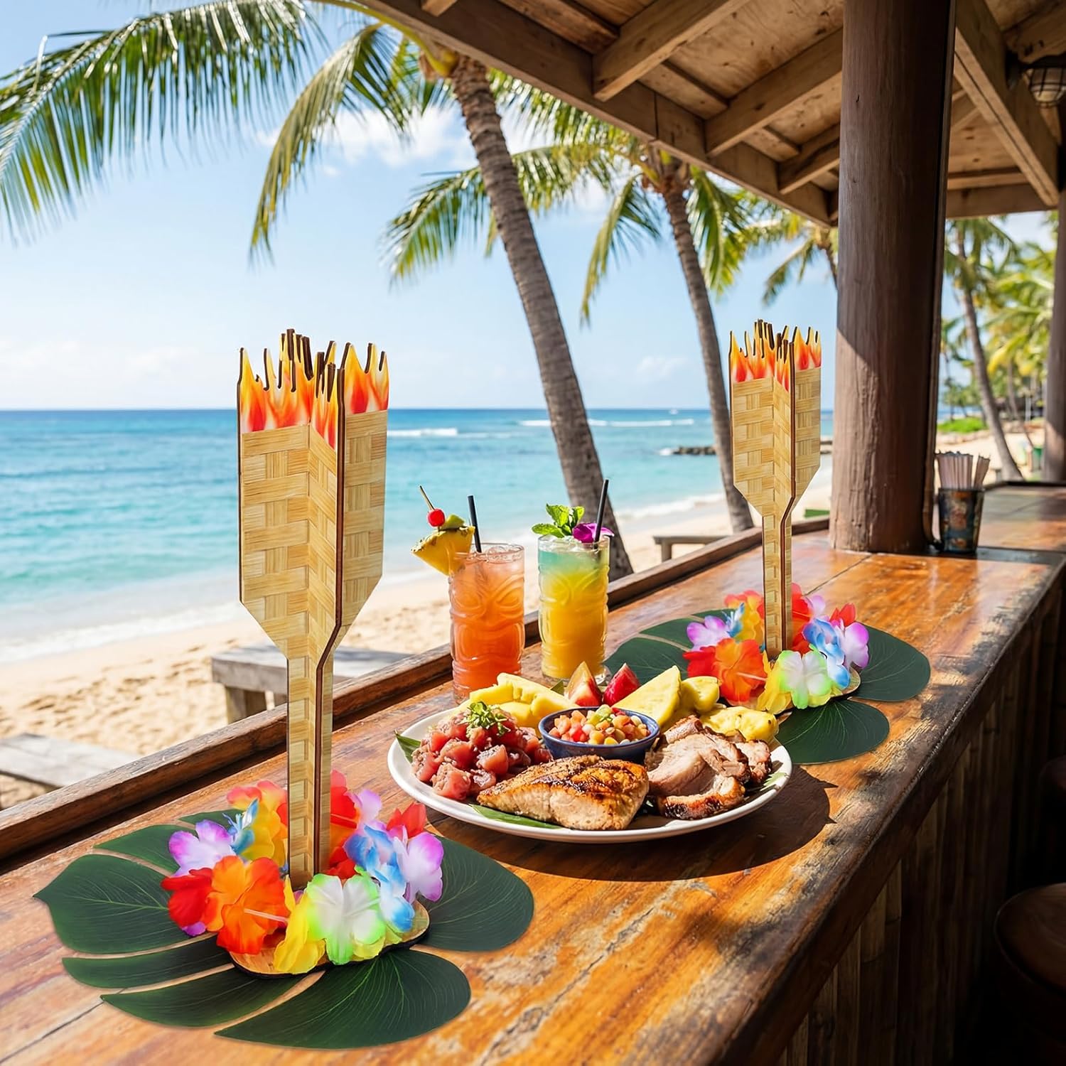 Soulchen 6 Sets Hawaiian Party Centerpieces Tiki Torch Table Decorations Supplies Summer Beach Tropical Party Decorations Hawaiian Centerpiece for Tropical Tiki Table Ornament (Cross Style)
