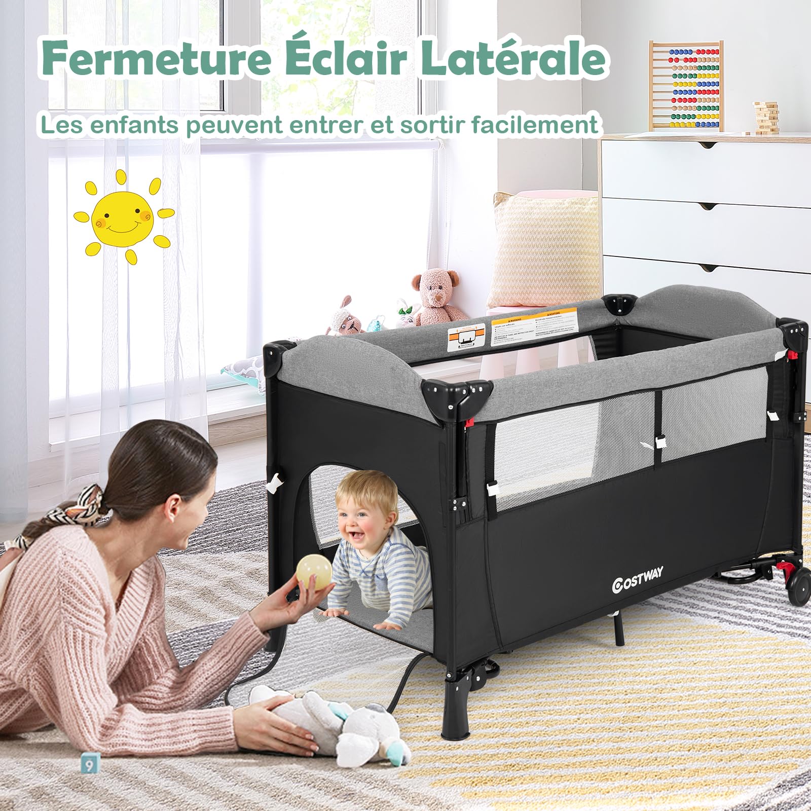COSTWAY 5 en 1 Lit Parapluie Bébé avec Matelas & Table à Langer, Lit Bébé Evolutif avec 4 Hauteurs Réglables, 3 Jouets Suspendus & Boîte à Musique, Roues avec Freins, Charge Max 15kg, 0-36 Mois