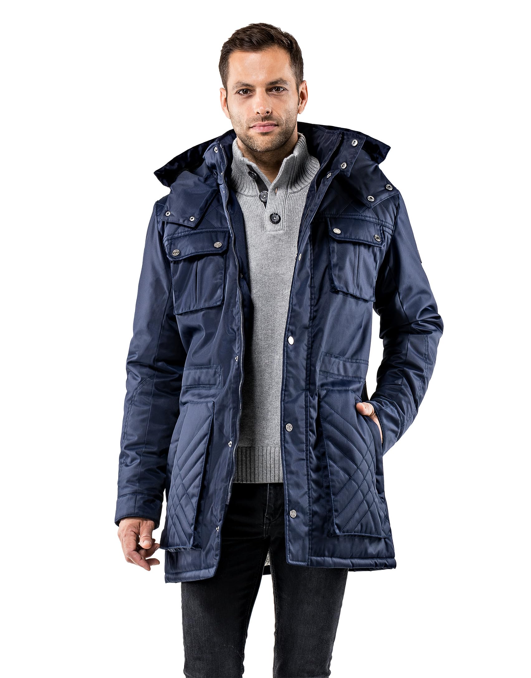 Vincenzo Boretti Herren Winter-Jacke dick warm gefüttert Parka kuschelig sportlich elegant Winter-Mantel slim-fit tailliert lang für Outdoor Business mit Steh-Kragen und Kapuze
