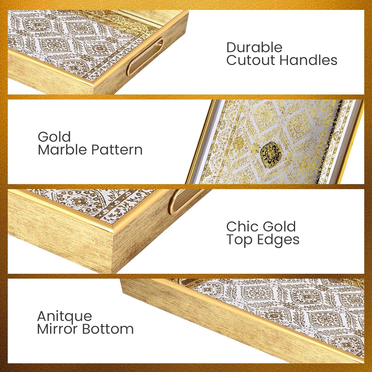 Serving Tray with Antique Look & Stylish Design Decorative Trays with Handles for Kitchen Rectangle Ottoman Tray for Dinning | Living Room & Home Decor | Pack of 2 (Gold)