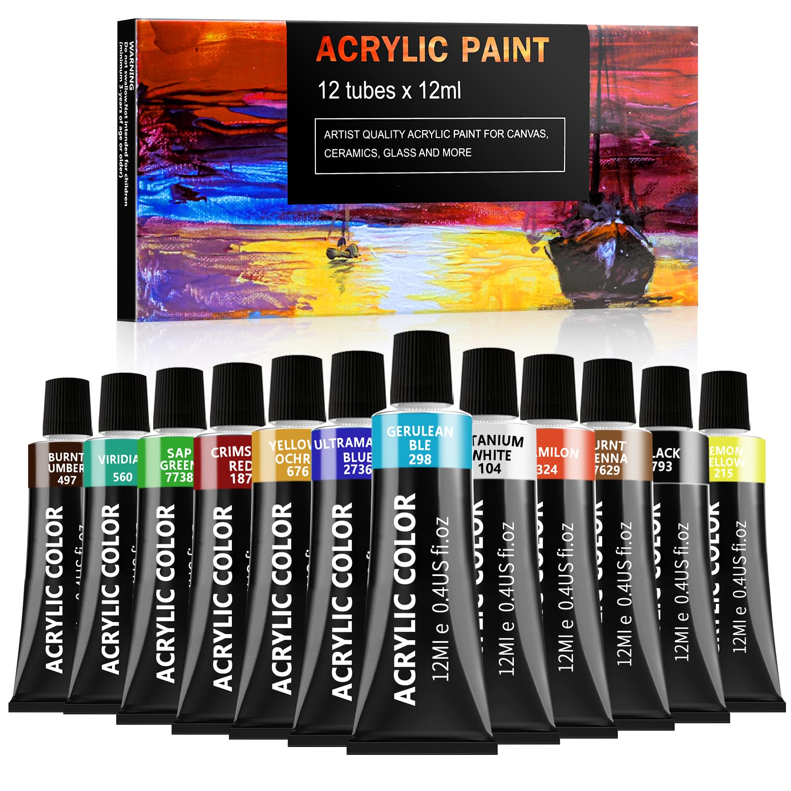 Sophtaigt Acrylic Paint Set, 12 Colors Non-Toxic Acrylic Paint Kit for Painting Canvas, Fabric, Wood, Paper, Ceramic, Art Supplies Kit for Artists, Beginners and Kids