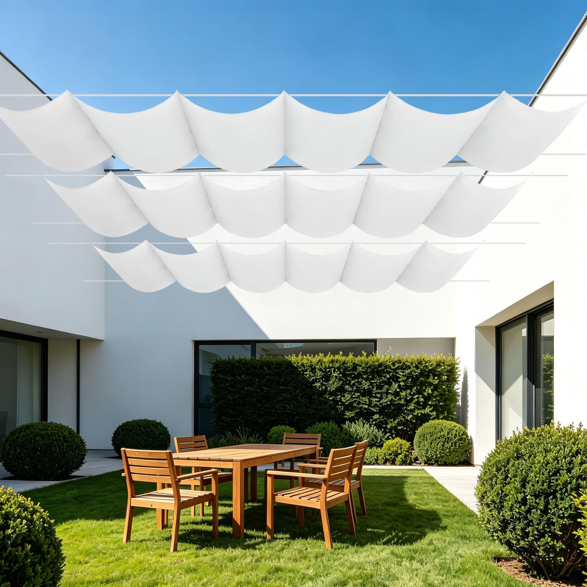 Voile d'ombrage rétractable vague 8x6m blanc imperméable pour terrasse