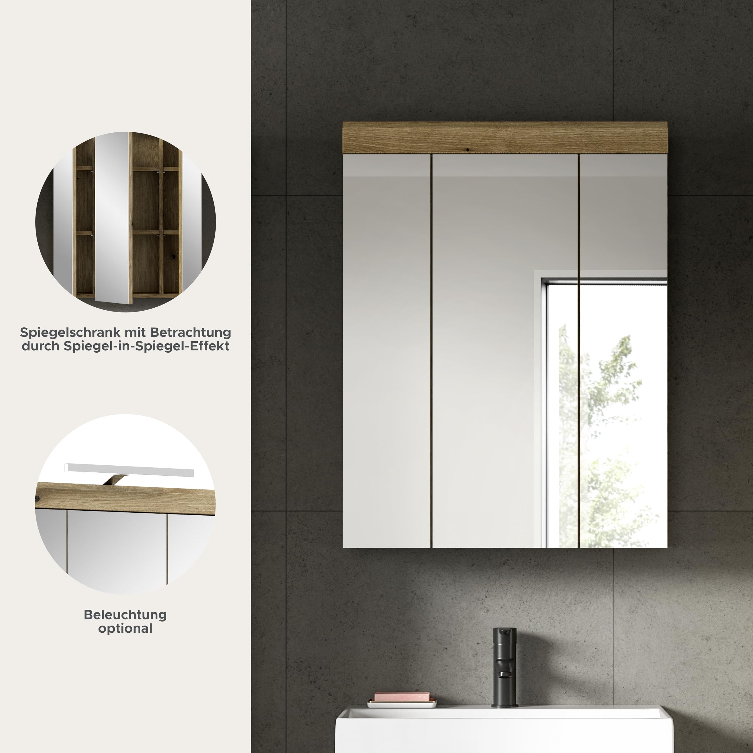 xonox.home – Spiegelschrank Scout 60x79x18 cm in Evoak Oak Nachbildung und einem Spiegelglas – Funktionaler Badspiegel mit Stauraum – klar – Bild 8