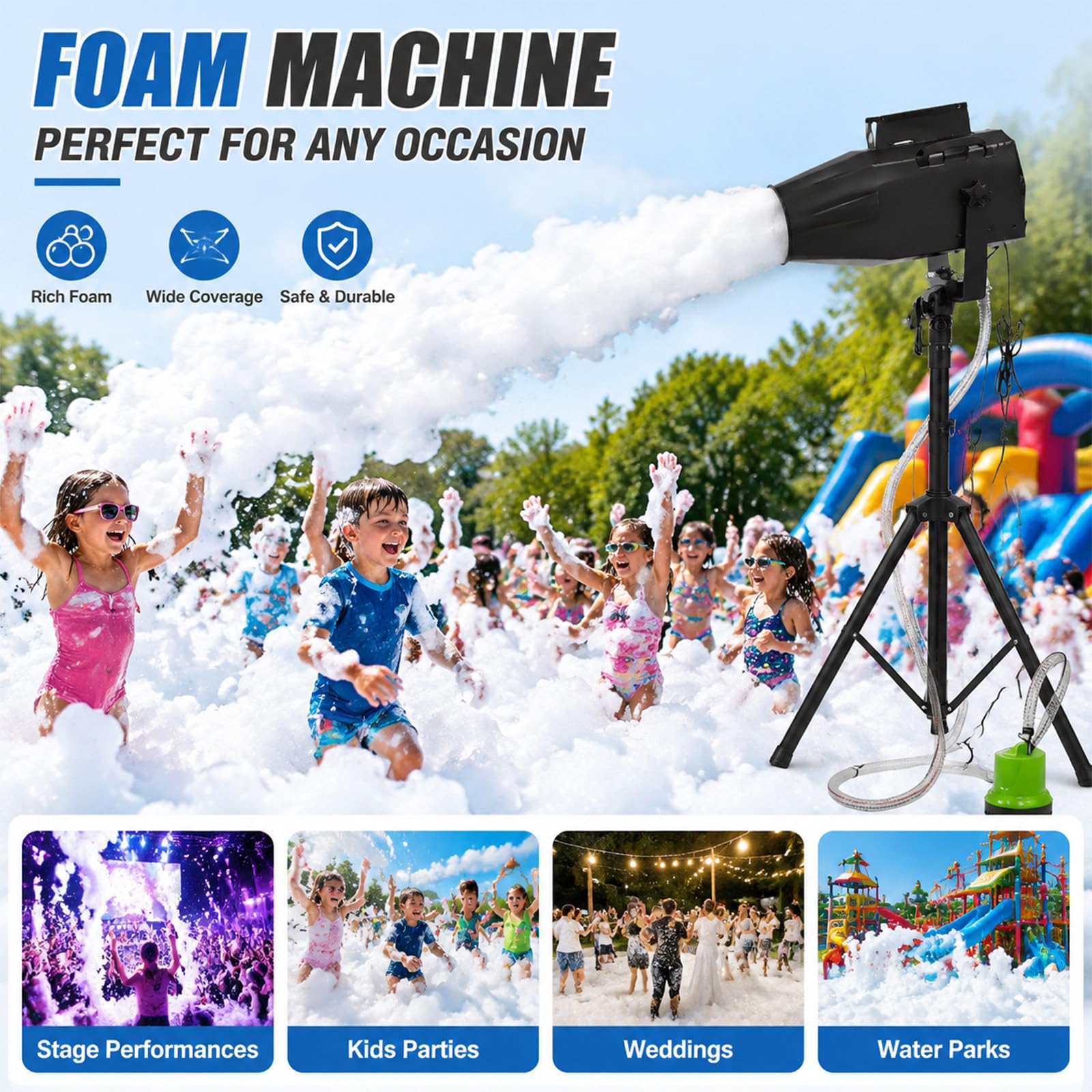 Cannone Sparaschiuma per Feste 1000W, Macchina della Schiuma con Supporto Treppiede e Pompa, Grande Volume di Schiuma 20m³/Min, per Eventi Estivi, Festa in Piscina e Compleanni Privati