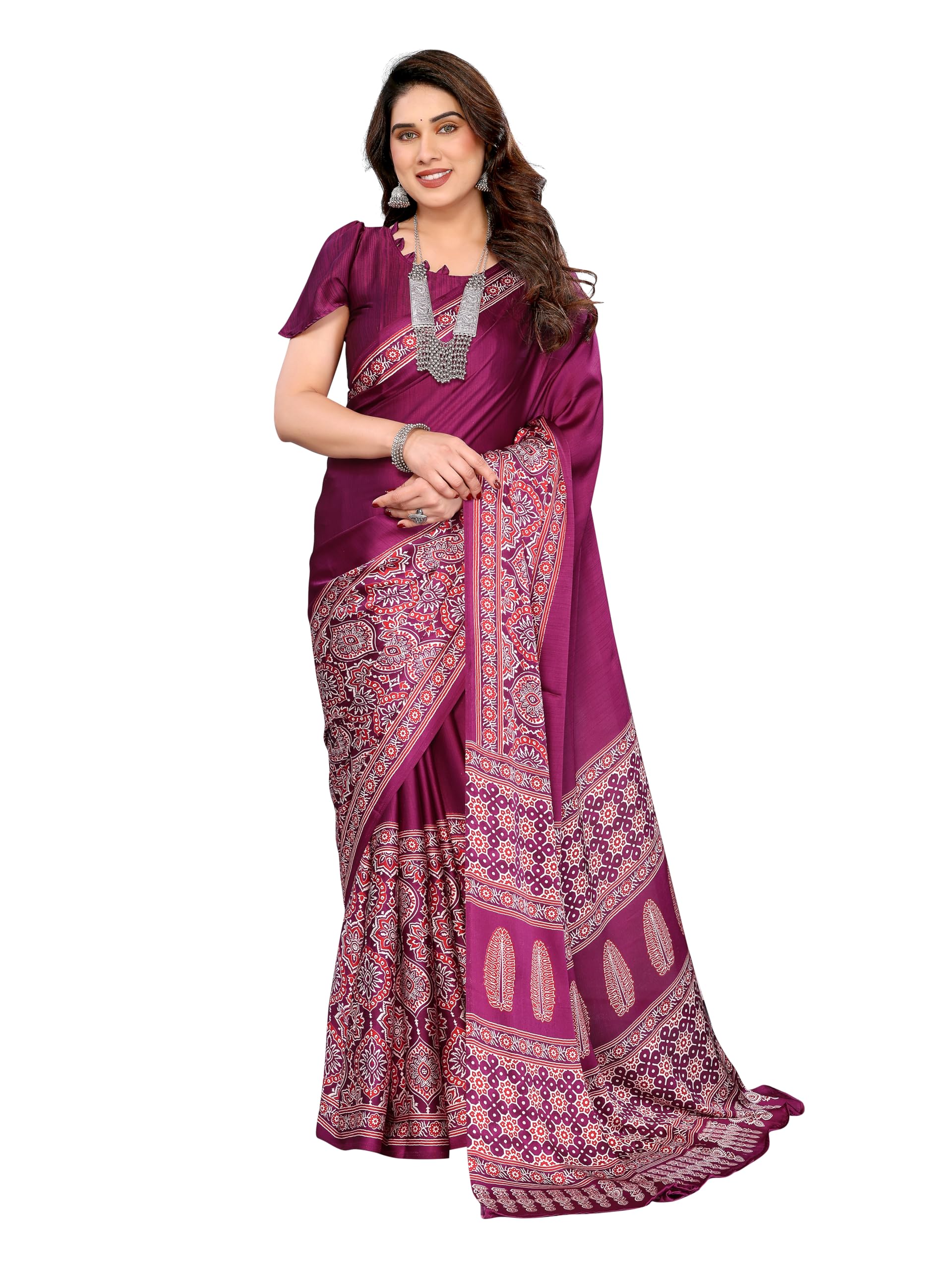 Modal Silk Ajrakh Saree Ikkat Nakshi Bandhej Geometric Print Designer Pallu Attach Blouse Piece-image-21