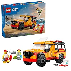 LEGO City Lifeguard Beach Rescue Truck Toy - Building Toy for Kids, Boys and Girls, Ages 6+ - Includes 2 Minifigures, Shark Toy - Gift for Beach-Loving Kids - 60453