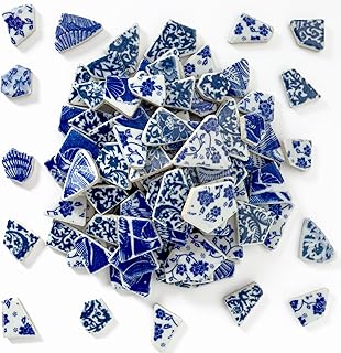 Broken Ceramic Tiles for Mosaic Craft Blue and White Porcelain China Pieces Shards Bulk Irregular Glazed Bathroom Stepping Stone Table Making Supplies 11x11 Inches