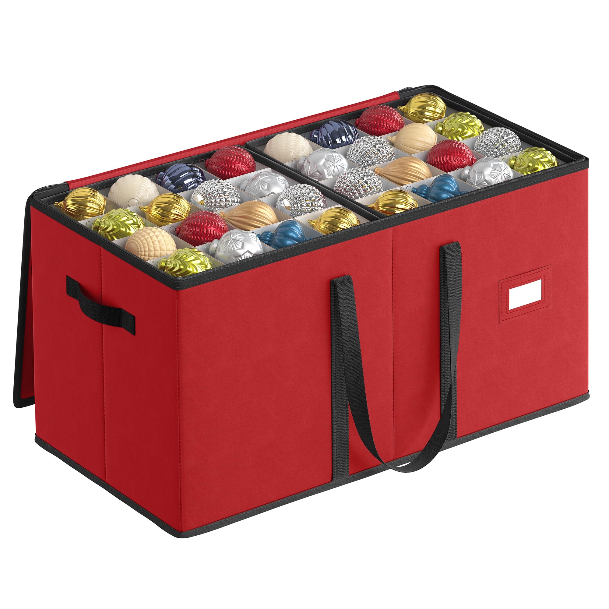 SONGMICS Christmas Ornament Storage Box, Dual Zippers, Stackable Christmas Storage Container with Lid, 8 Trays, 600D Oxford, 3-Inch 128 Slots, Cherry Red URFB035R01