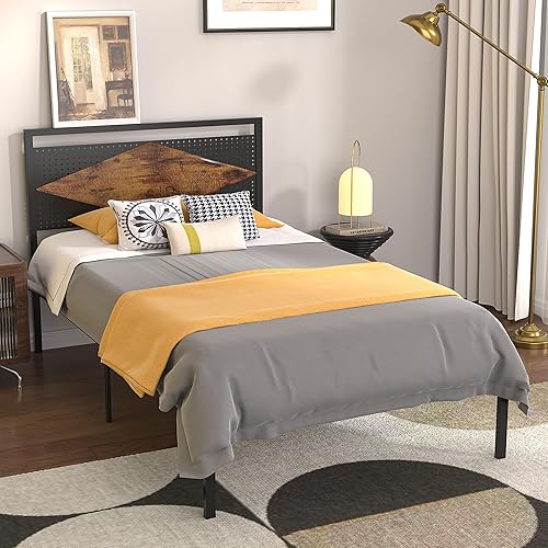 VECELO Base de cama de tamaño matrimonial, cama matrimonial con cabecera de metal y madera, cama de plataforma plegable de listones de metal, estilo