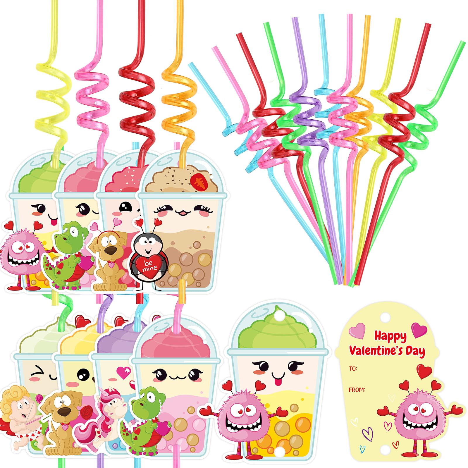 Photo 1 of 28 Pack Valentines Day Cards with Straws for Kids Valentine Party Favors Bulk Drinking Straws School Classroom Exchange Gifts Valentine’s Day Cards Goodie Bag Stuffers