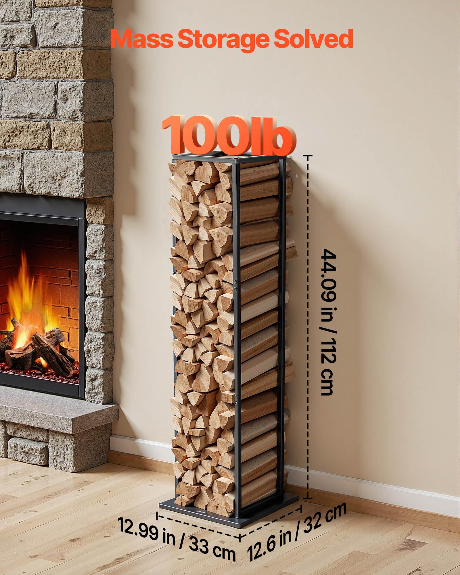 VEVOR Estante de Leña 33 x 32 x 112 cm Soporte de Metal para Leñas Carga de 45,4 kg Leñero de Acero con Recubrimiento en Polvo Resistente para Chimenea, para Interiores, Salas de Estar, Negro