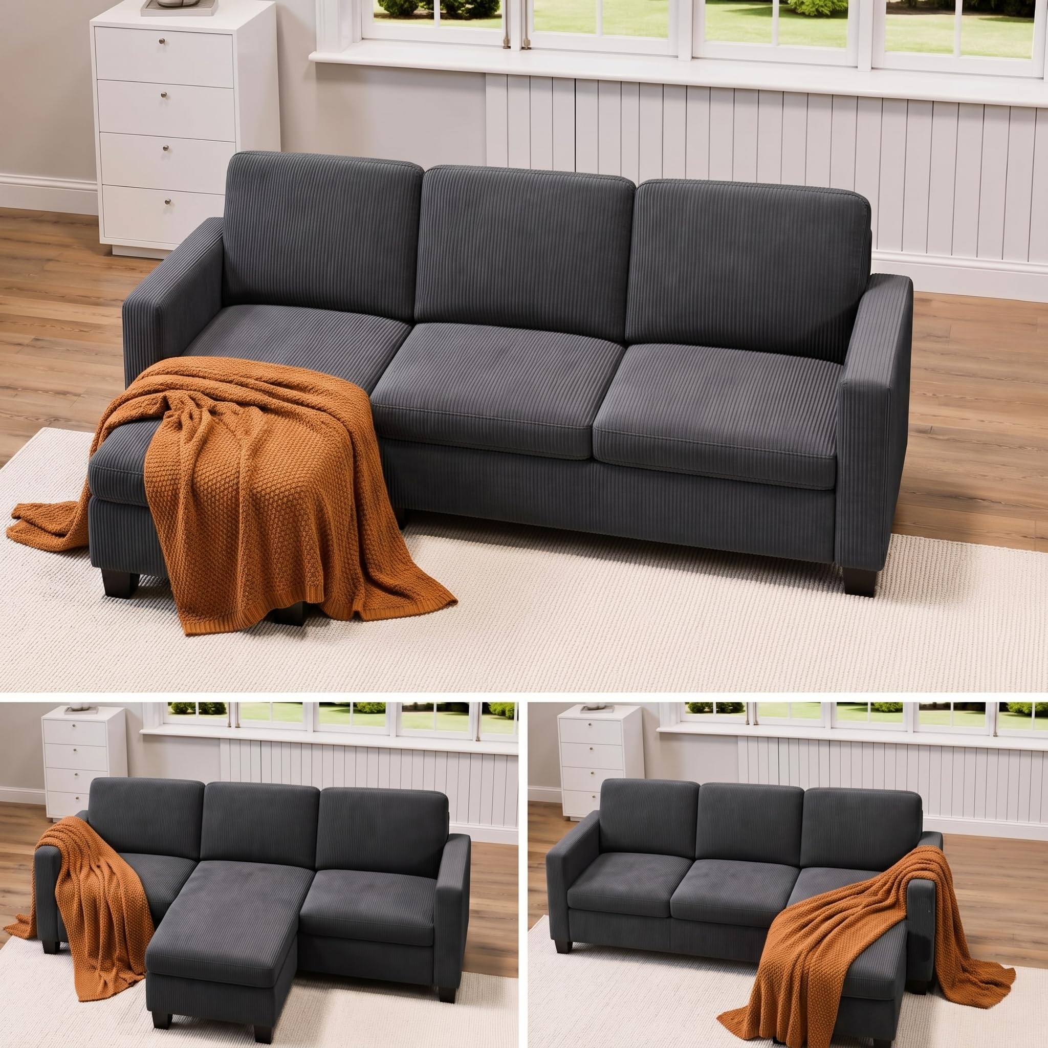 Xbro Sofá Chaise Longue de 3 plazas en Forma de L, Relleno de Esponja de Alta Resiliencia, Tejido de Algodón y Lino Transpirable para Salón Moderno, Gris Oscuro
