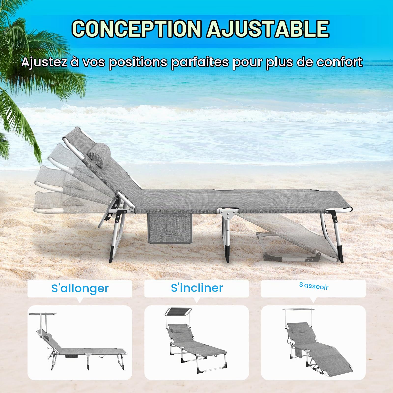 Chaise Longue Pliante，Bain de Soleil Jardin Exterieur，69*195*29CM,Transat de Plage Pliable avec Pare Soleil、Dossier Inclinable et Pochette，Fauteuil Relax，Chaise de Camping Piscine，Gris