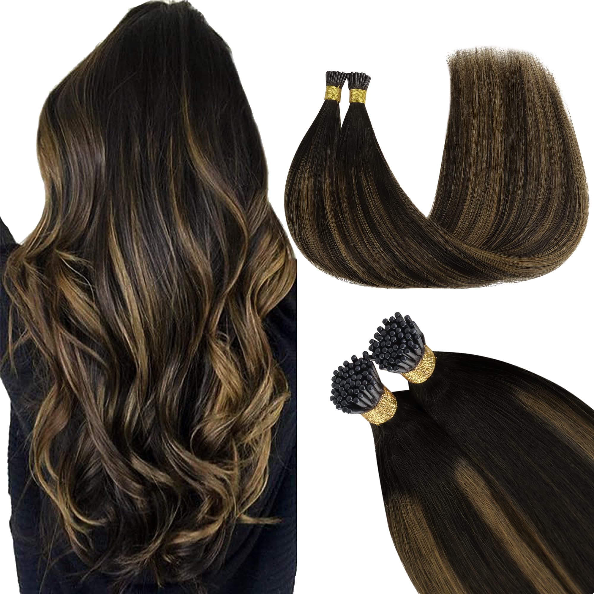 GOO GOO I Tip Hair Extensions Real Human Hair, Natural Black to Chestnut Brown 50g 100 Strands 16inch Cold Fusion I Tip Hair Extensions