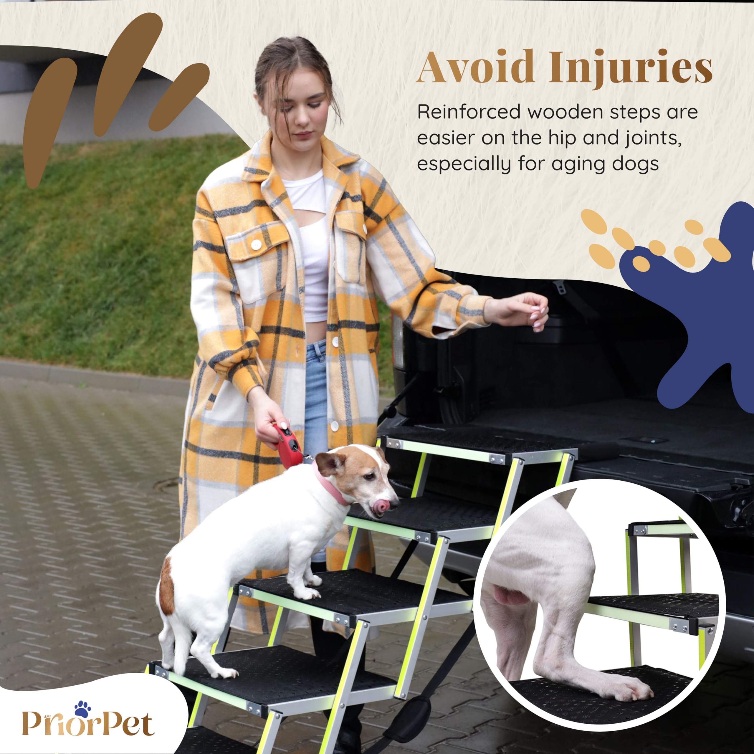 Escalera para Perros Coche Plegable – Escalera Extra Ancha para Perro Grandes – Rampa para Coches Altos y SUV – Brilla en la Oscuridad – Superficie Antideslizante – hasta 105 kg – 4 peldaños