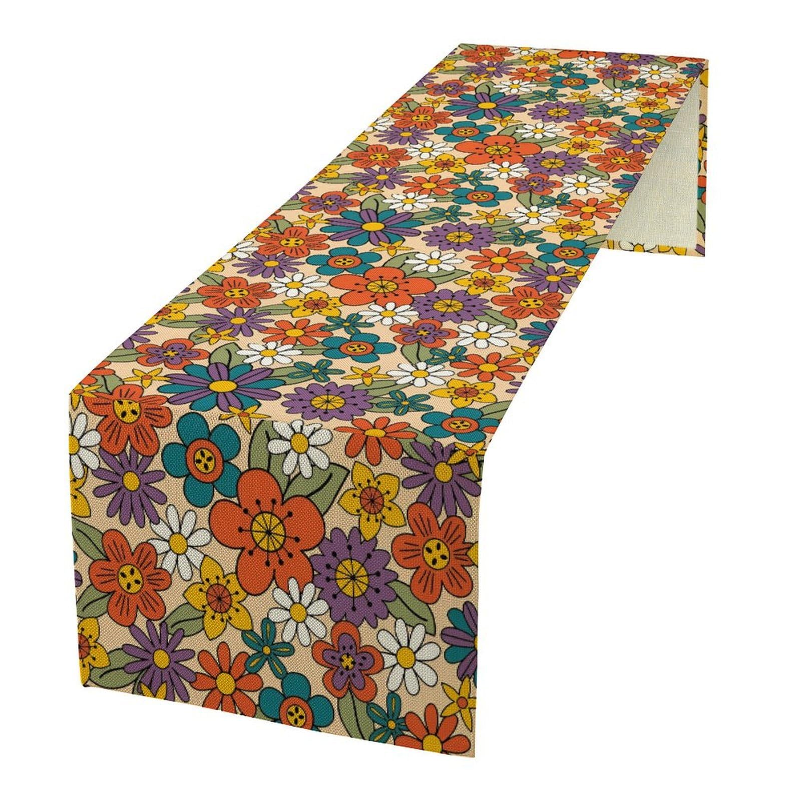 SYZWWSYX Retro Floral Table Runner, Vintage Funky 60S 70S Hippie Groovy Boho Flower Aesthetric Print Table Runner for Kitchen Dining Table Decor Party Holiday, 13x36 Inch