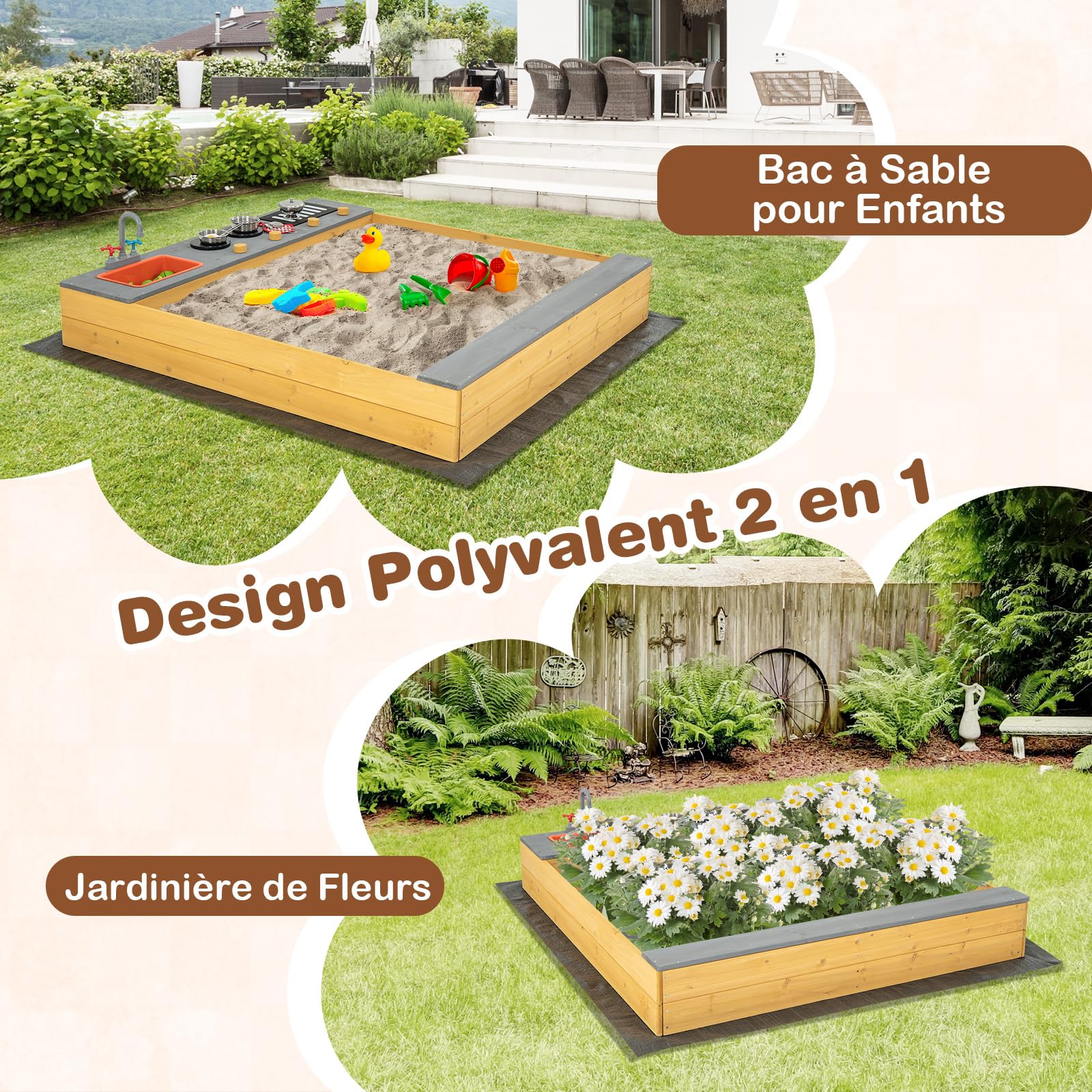 COSTWAY 2 en 1 Bac à Sable Enfant Extérieur avec 9 Accessoires et Évier et Barbecue, Bac à Sable en Bois Sapin avec Doublure Inférieure et Banc, Cuisine pour Jardin Maison Plage, 3-8 Ans