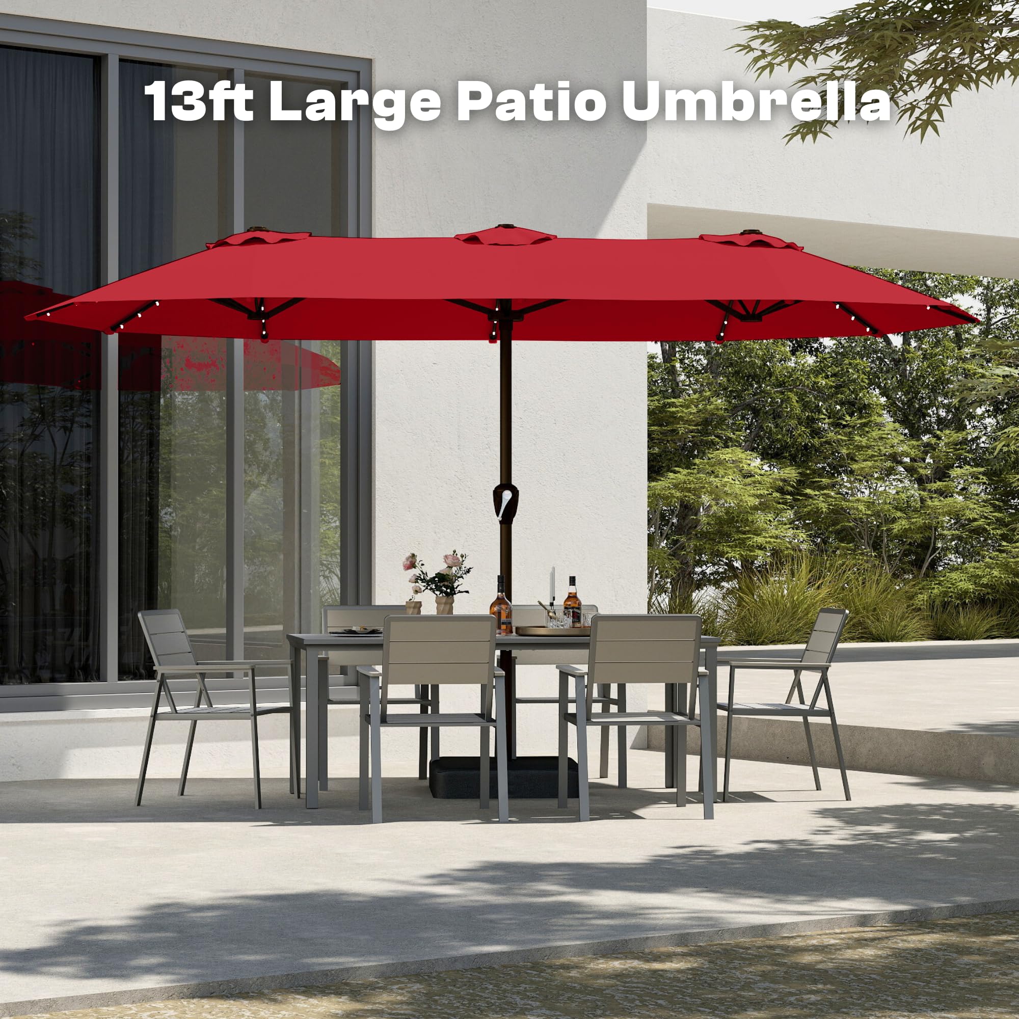 Amazon.com : 13FT Double-Sided Patio Umbrella with 48 Solar LED Lights, Large Rectangular Outdoor Market Umbrella with Crank Handle, Vented Canopy, Heavy-Duty 12 Rib Steel Frame, for Backyard, Garden, Pool, Red