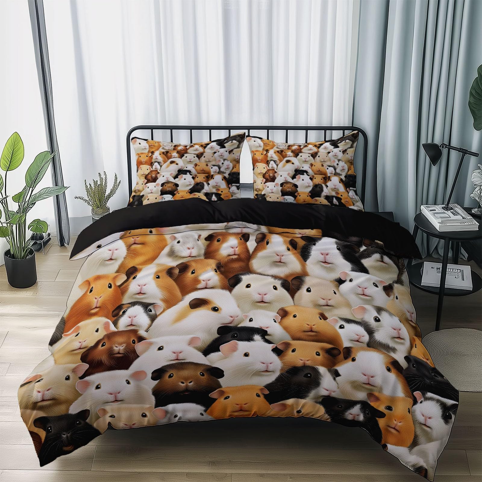 Poszwa na kołdrę ze zwierzęciem świnka morska wzór 240x260 cm Dwustronny zestaw pościeli z nadrukiem z 2 poszewkami na poduszki Czarny Zestaw pościeli z mikrofibry na 4 pory roku