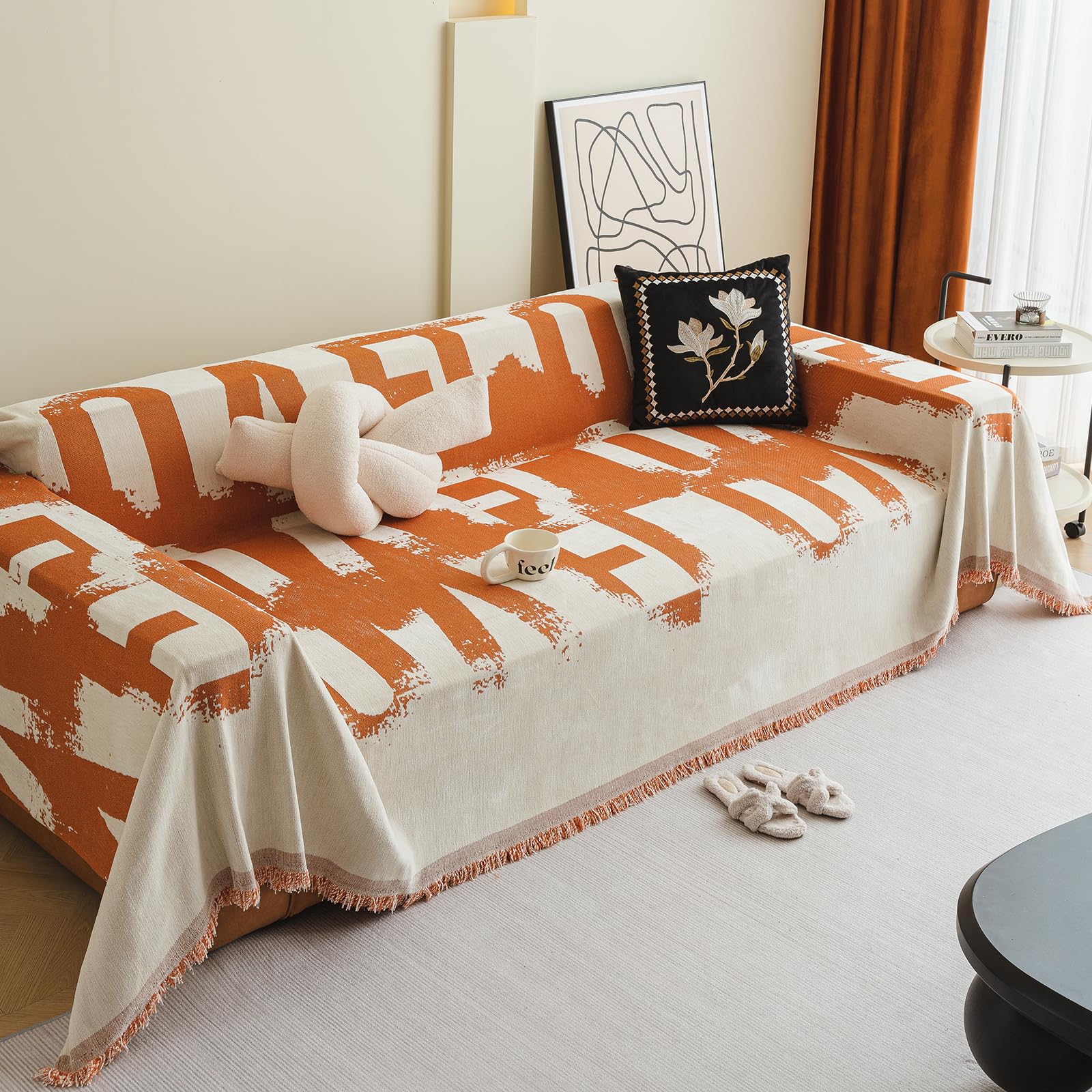 Jarapas para Sofas Suave Confort Manta Sofá Manta Decorativa Sofá Dormitorio Salón Cuatro Estaciones Tejido Borla Tela Cubre Sofa 180 * 340cm-Naranja