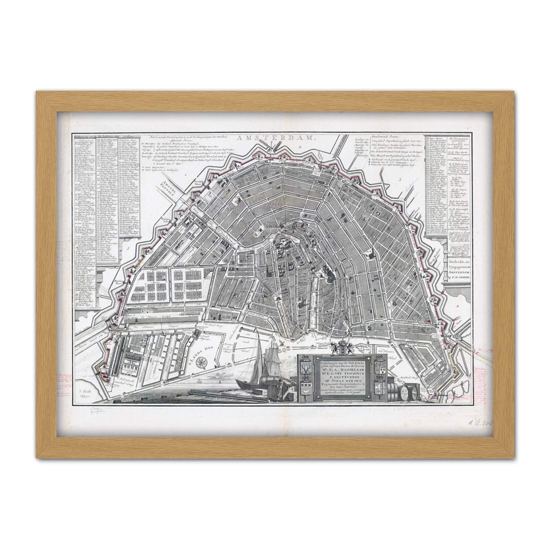 Artery8 Philips Old Map Of Amsterdam City Netherlands Artwork Framed Wall Art Print 18X24 Inch