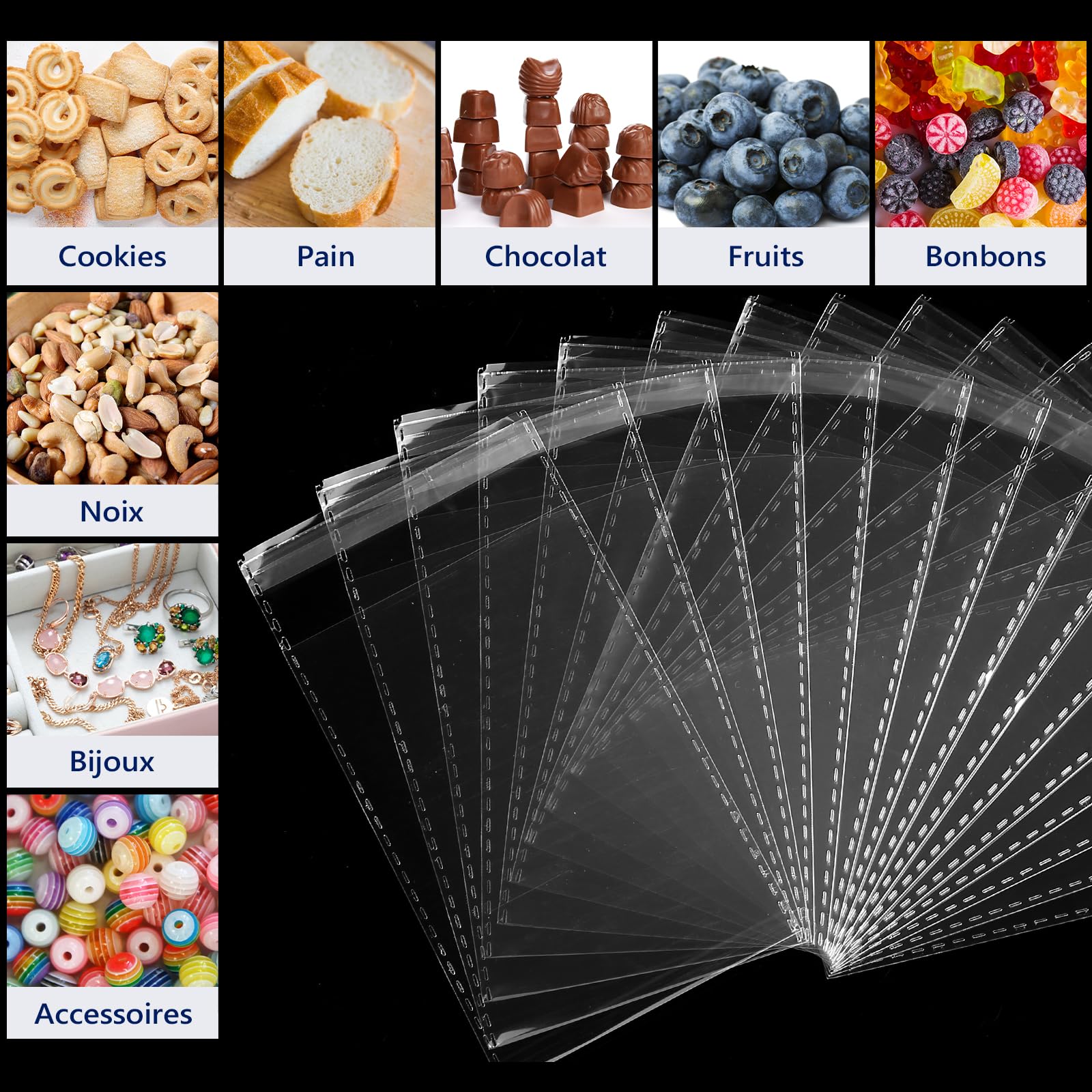 GWHOLE Sachet Plastique Transparent 200 pcs OPP avec Autocollant Français pour Bonbons, Anniversaire, Alimentaire, Chocolat, Bijoux, Cadeau Noël
