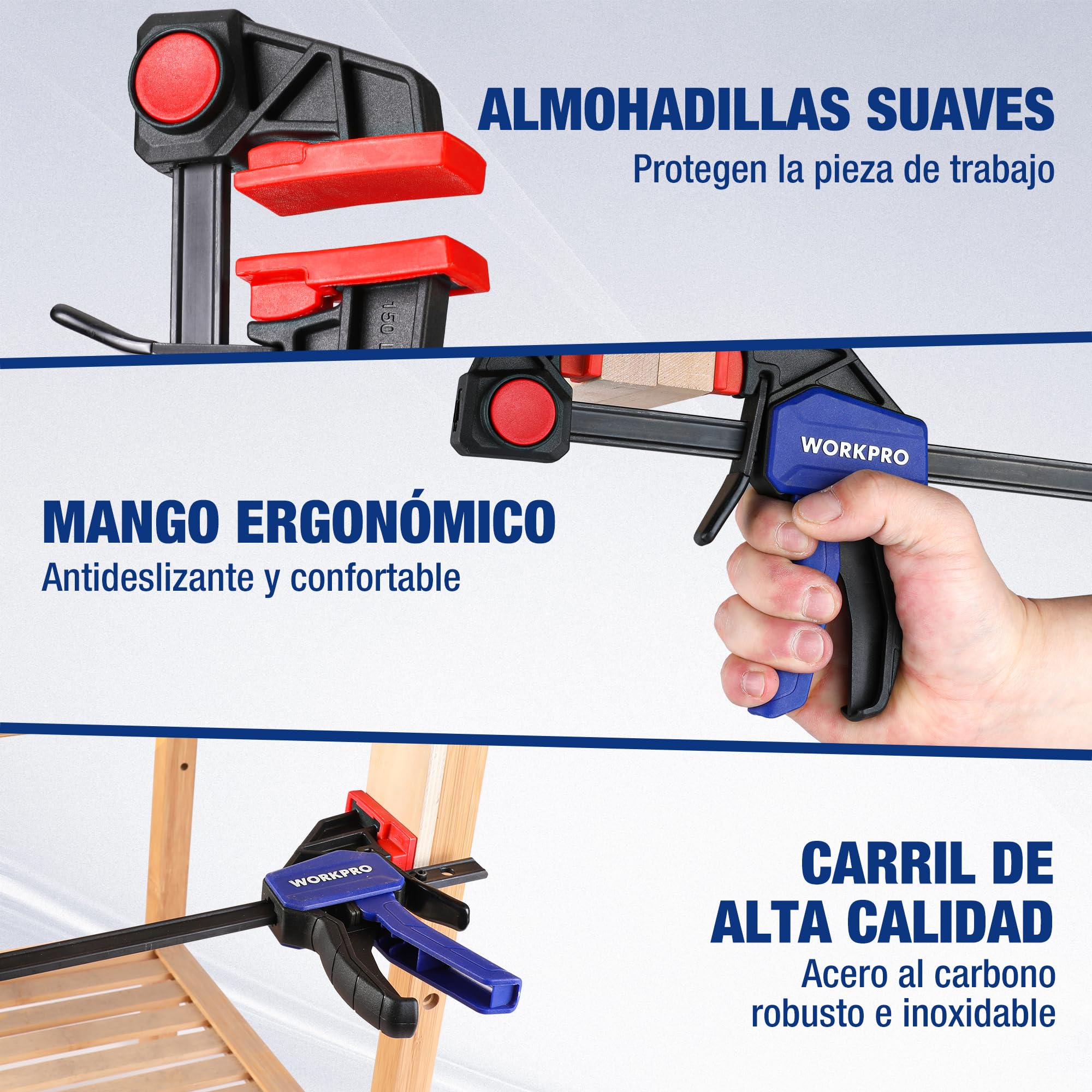 WORKPRO - Juego de 6 abrazaderas de una mano, 150 mm, fuerza de sujeción, 22,5 kg/68 kg, envergadura 150 mm, 4 convencionales y 2 mini bridas para una fijación precisa y carpintería | Incluye 4 Sargentos Estándar y 2 Mini con Fuerza de Sujeción de 22,5kg
