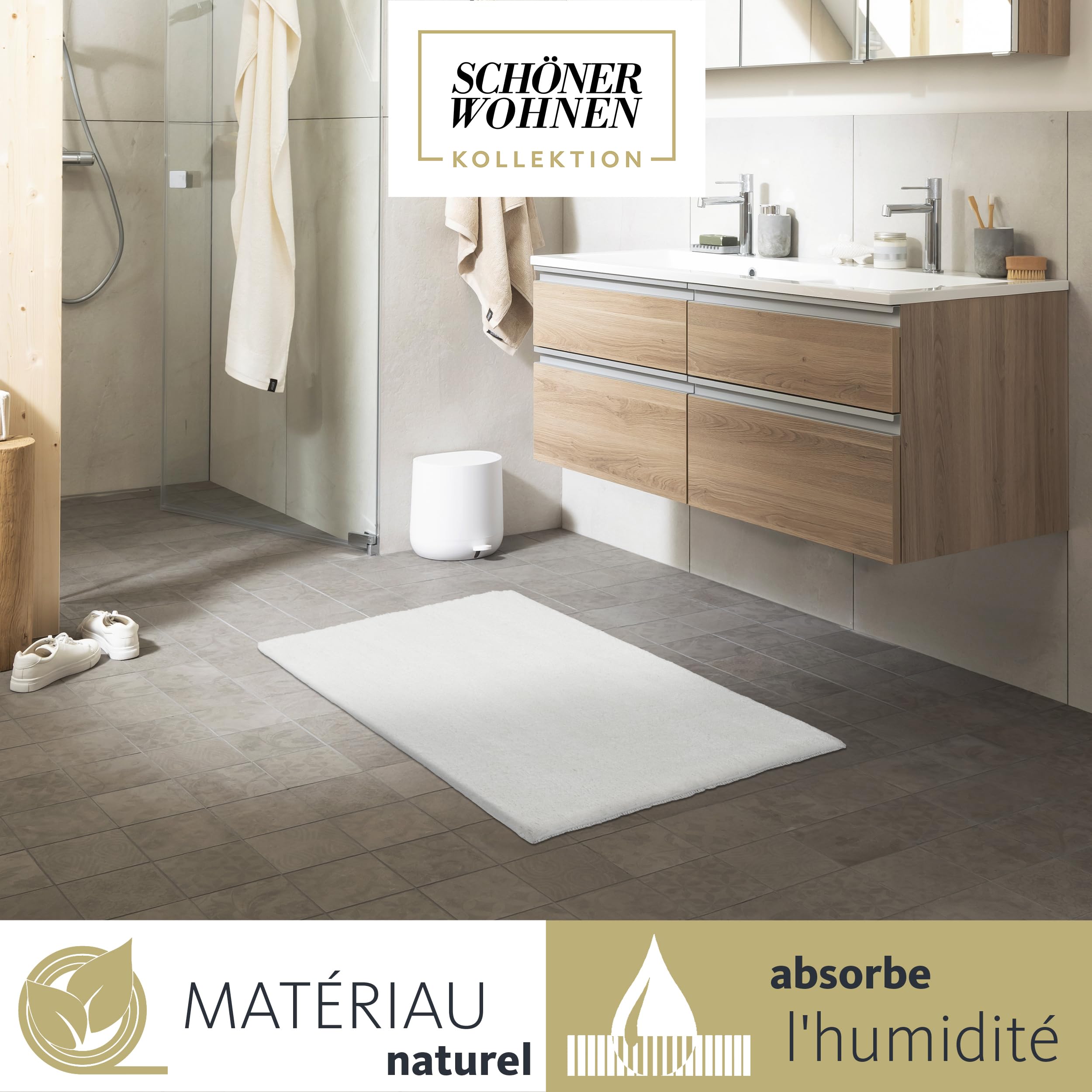 Collection Schöner Wohnen Tapis de Bain 40 x 60 cm - réversible - Lavable - 100% Coton - Coloris uni - crème