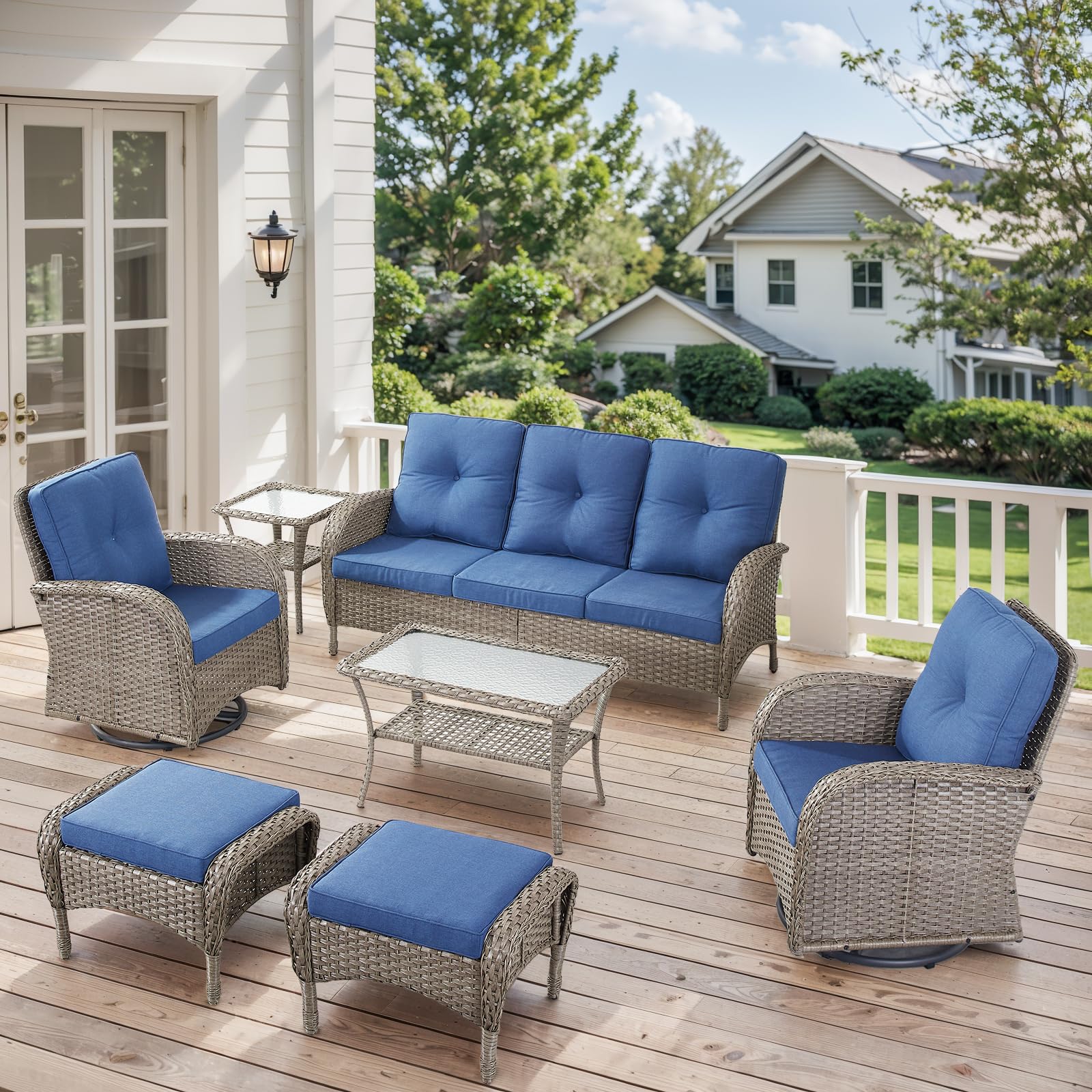 Opohoro 7 Pieces Outdoor Patio Furniture-Swivel Patio Chairs Set of 2 Outdoor Wicker Rattan Sofa Couch with Ottoman Outdoor Conversation Set for Deck