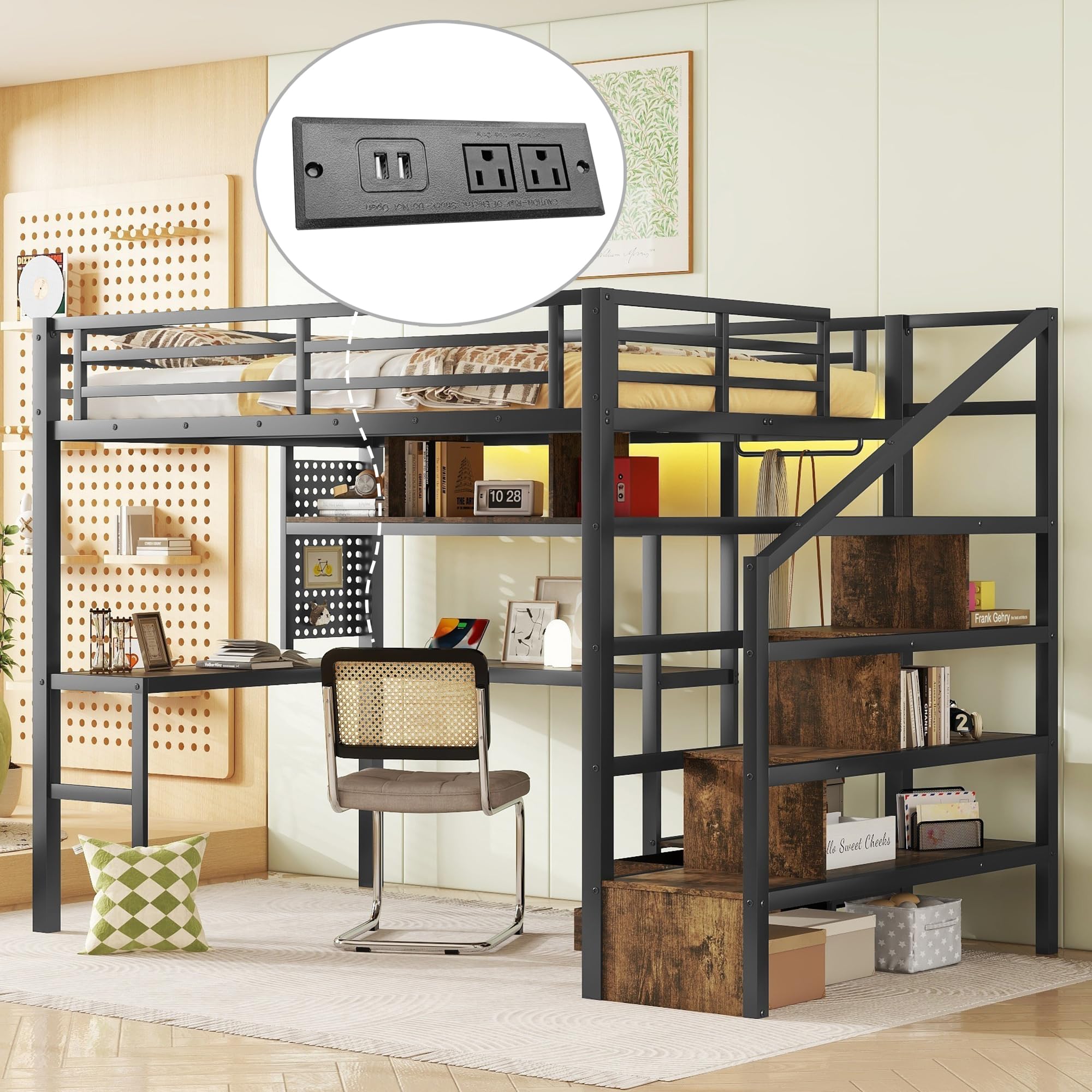 Full Size Loft Bed with Stairs and Desk, Metal Loft Bed Frame with Storage Shelves and Small Wardrobe, Heavy-Duty Loft Bed for Adults Teens and Kids, Black