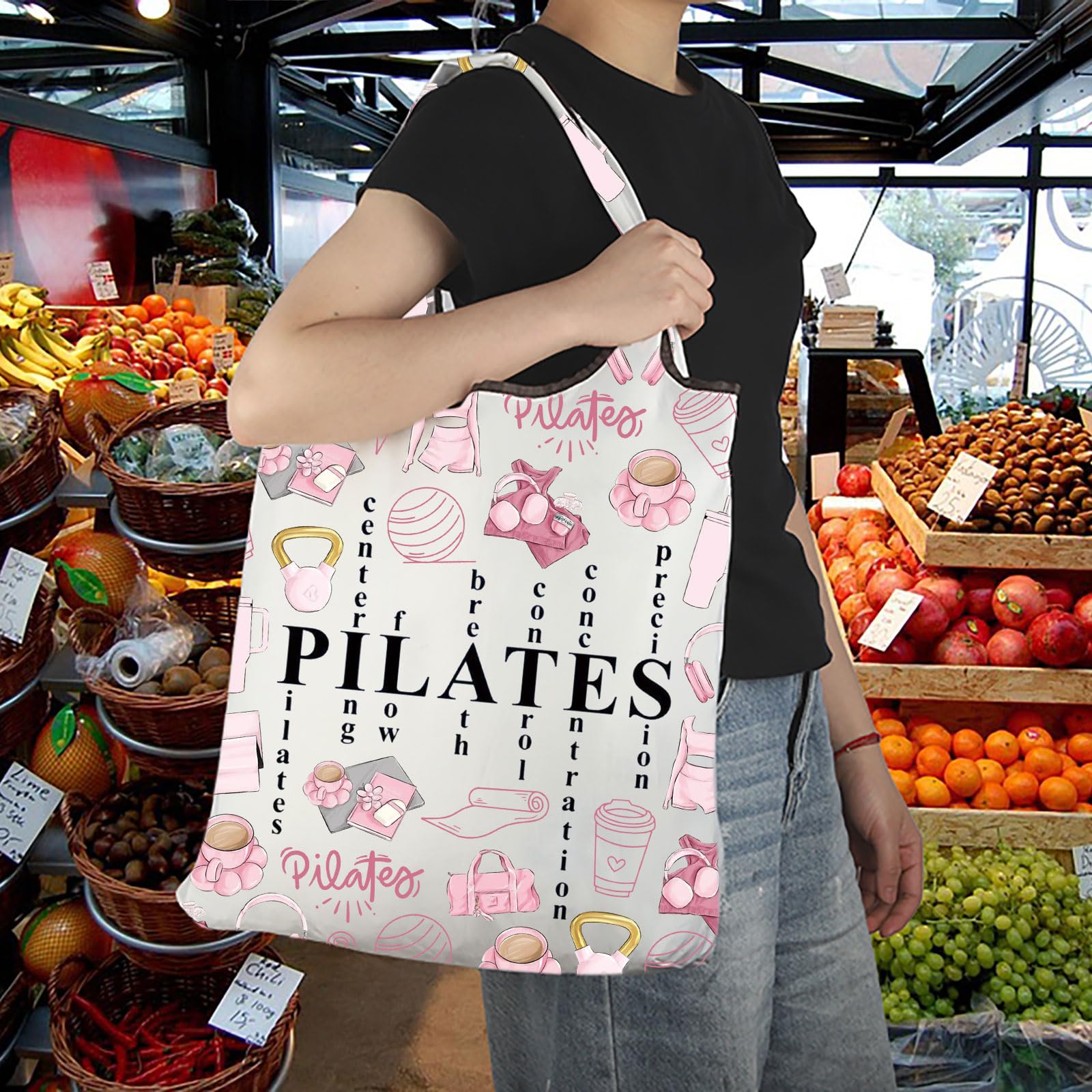 CMNIM Pilates Tote Bag Pilates Gifts for Women Yoga Lover Gift Pilates Instructor Gifts Funny Pilates Reusable Grocery Bag