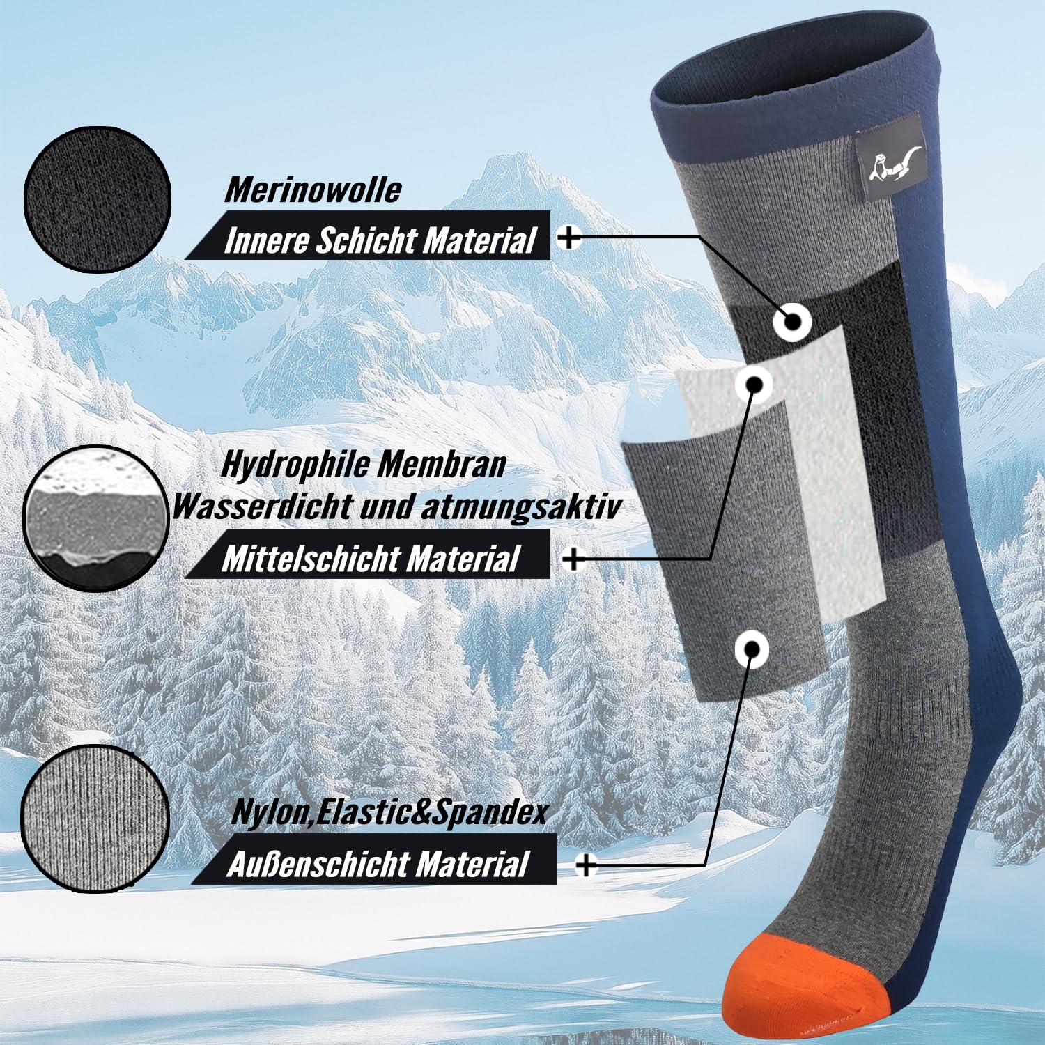 OTTERSHELL Chaussettes longueur genou étanches en laine mérino. Chaud et respirant. Tissu composite à 3 couches, anti-humidité pour la randonnée, la randonnée, le ski