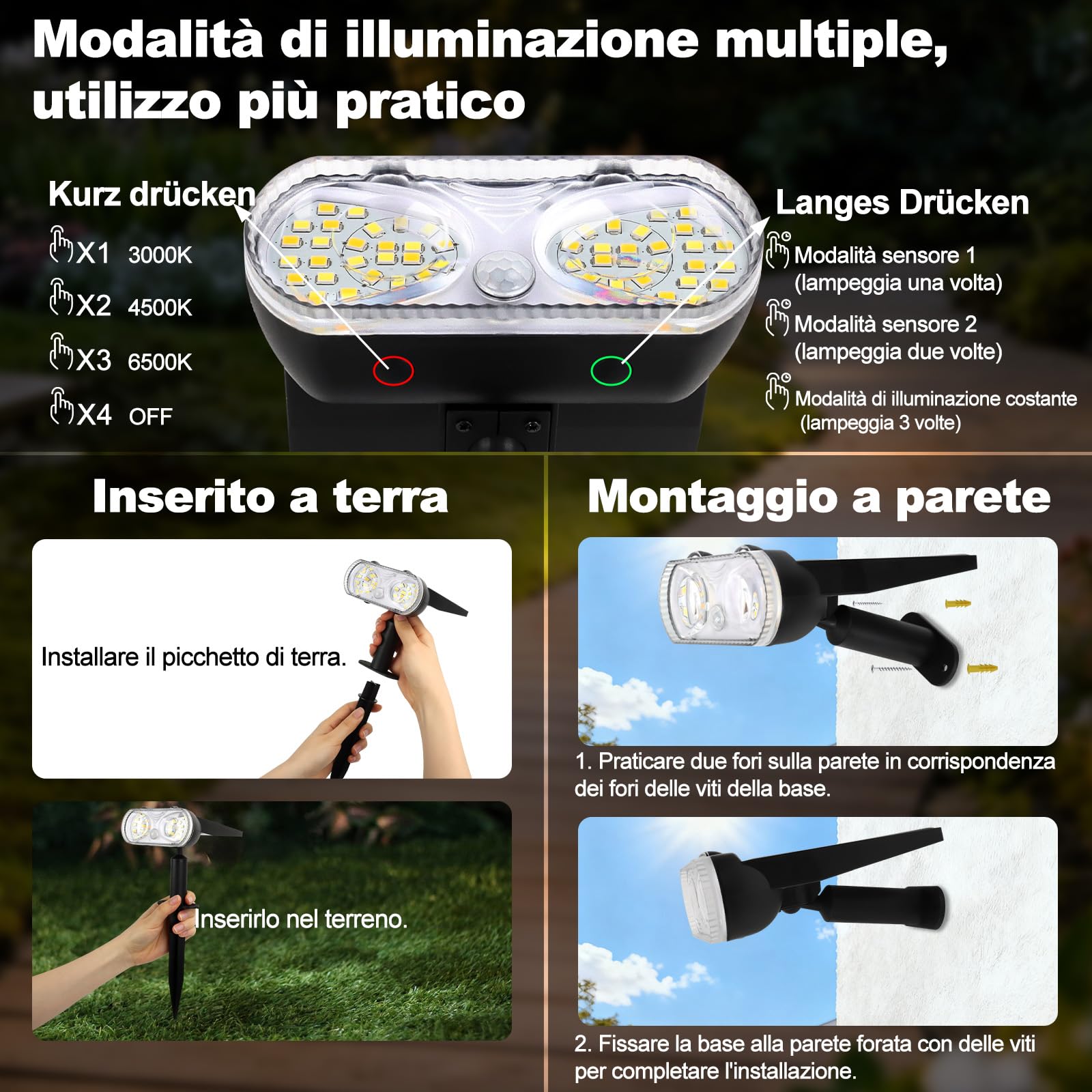 Faretti Solari LED da Esterno con Sensore di Movimento, 4 Pezzi Luci Solari da Giardino 3000K/4500K/6500K, 3 Modalità, Memoria, IP67 Impermeabile per Cortile Vialetto Prato Garage (4 Pezzi)