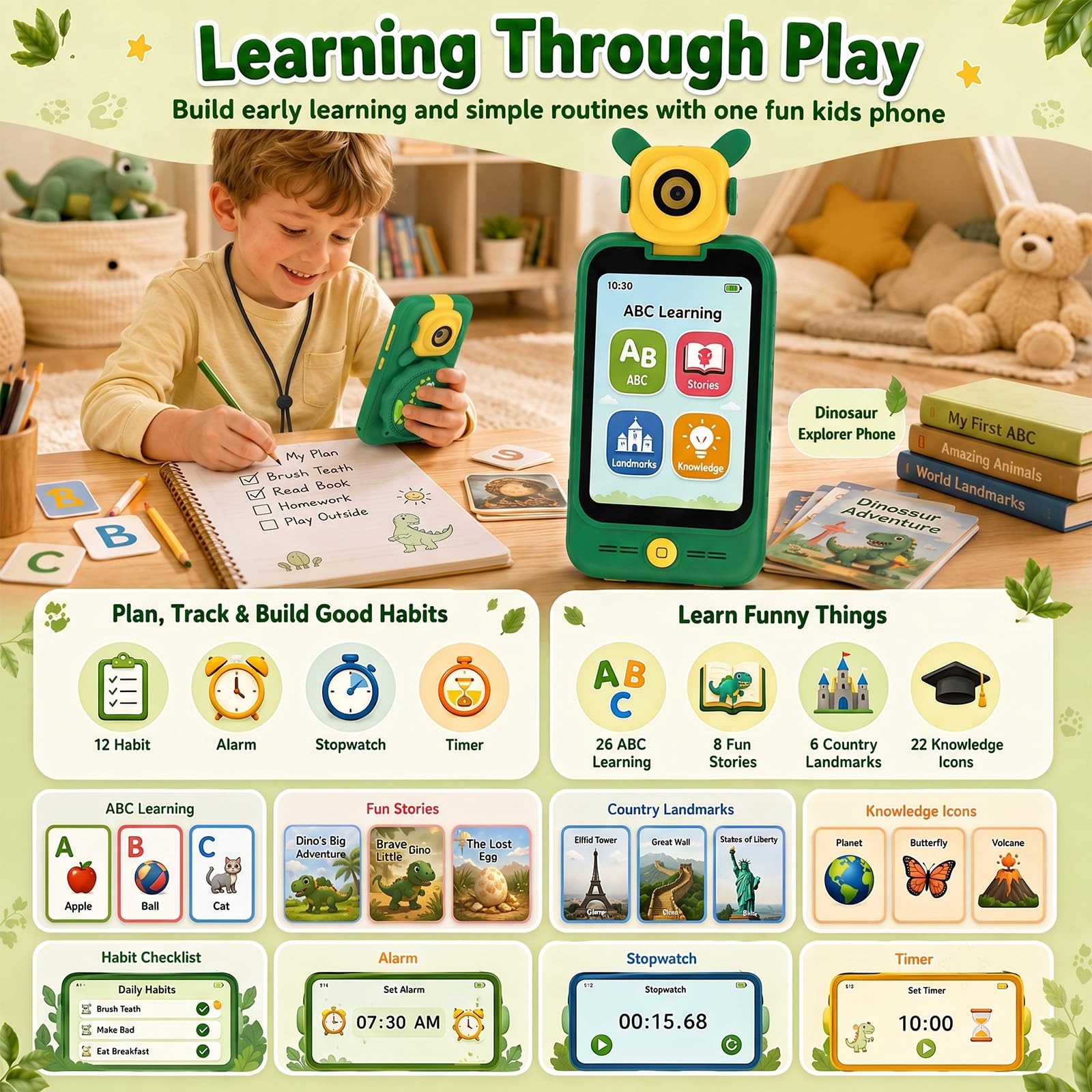 Teléfono Móvil Juguete Niños con Microscopio: Smartphone Portátil 3-8 Años | Cámara Giratoria 180° Pantalla Táctil 2.8 Tarjeta 32 GB Juegos Ciencia Educativo STEM Regalo Cumpleaños Dinosaurio Niño Niña