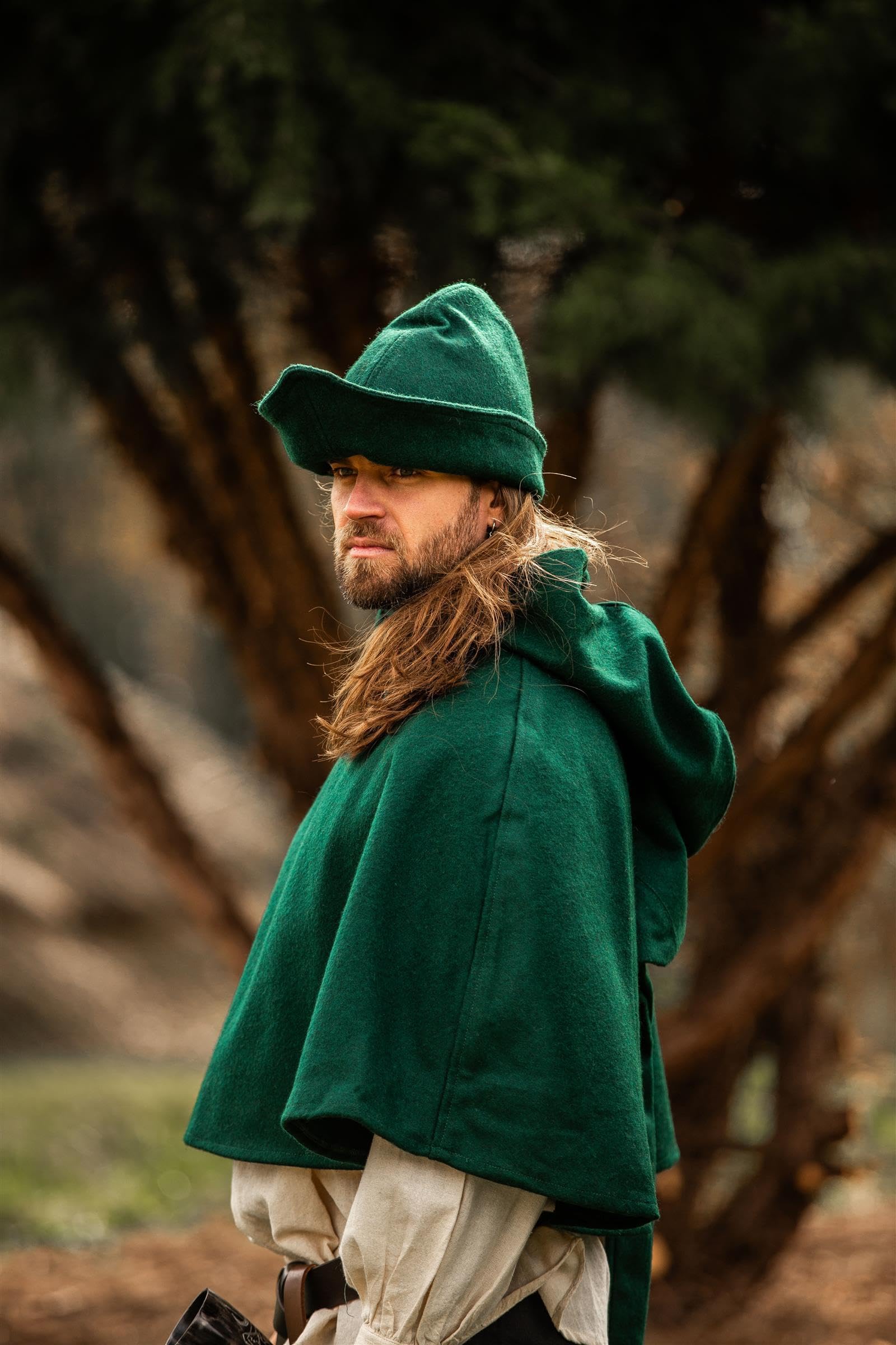 Leonardo Carbone® Męskie nakrycie głowy Robin Hood-Hut | asymetryczna krawędź | styl średniowieczny | karnawał, Halloween, Cosplay, LARP, kapelusz, czapka, akcesoria, wełna