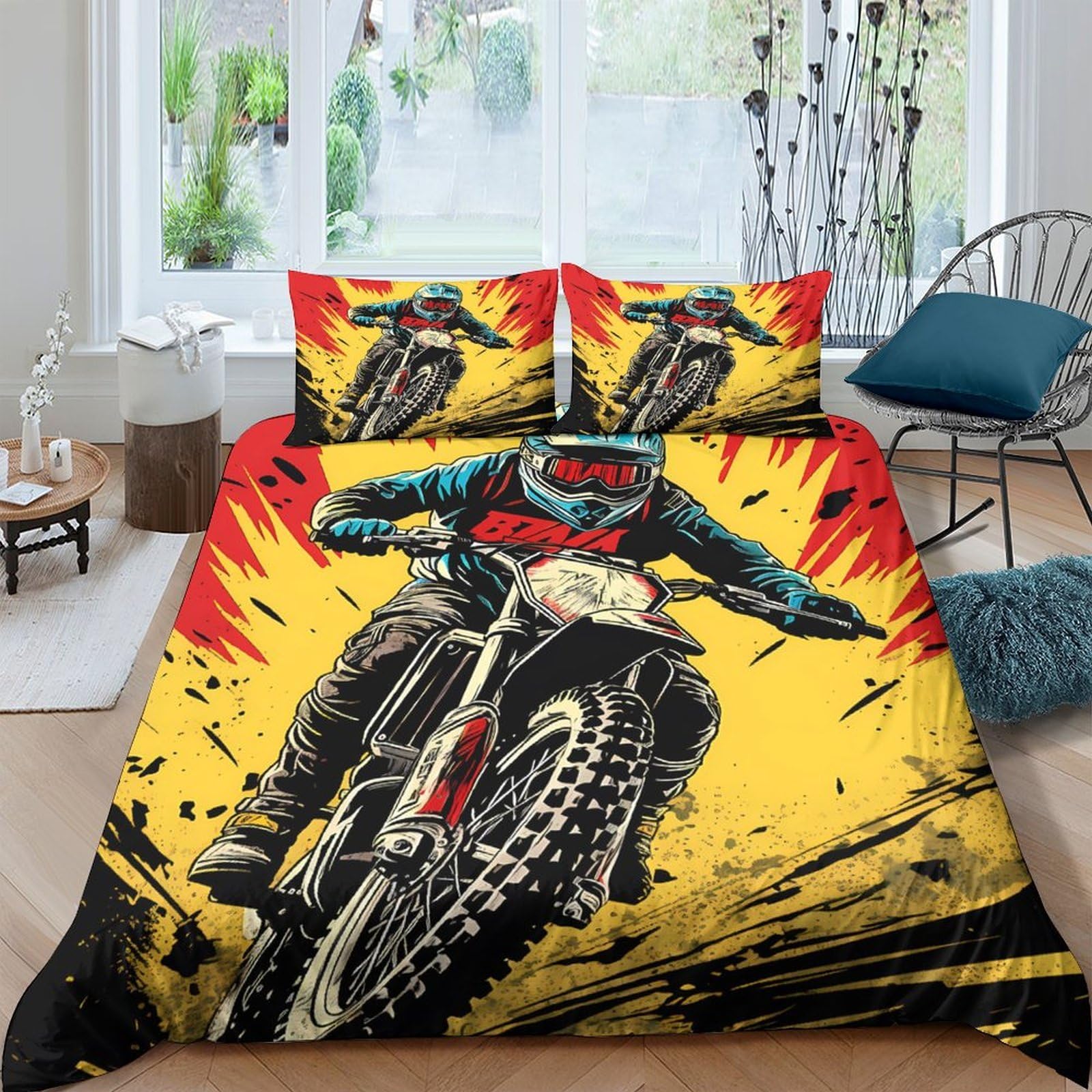 UNRXJZLVM 3D Motocross Duvet Set Microfiber Bedding for Teens