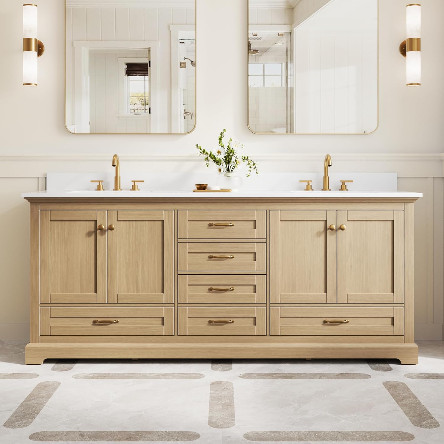 WELLFOR 80" Bathroom Vanity with Double Sinks, Bathroom Freestanding Vanity W/4 Soft-Close Doors and 6 Drawers, Large Storage Space Vanity, Cultured Marble Countertop (Oak)
