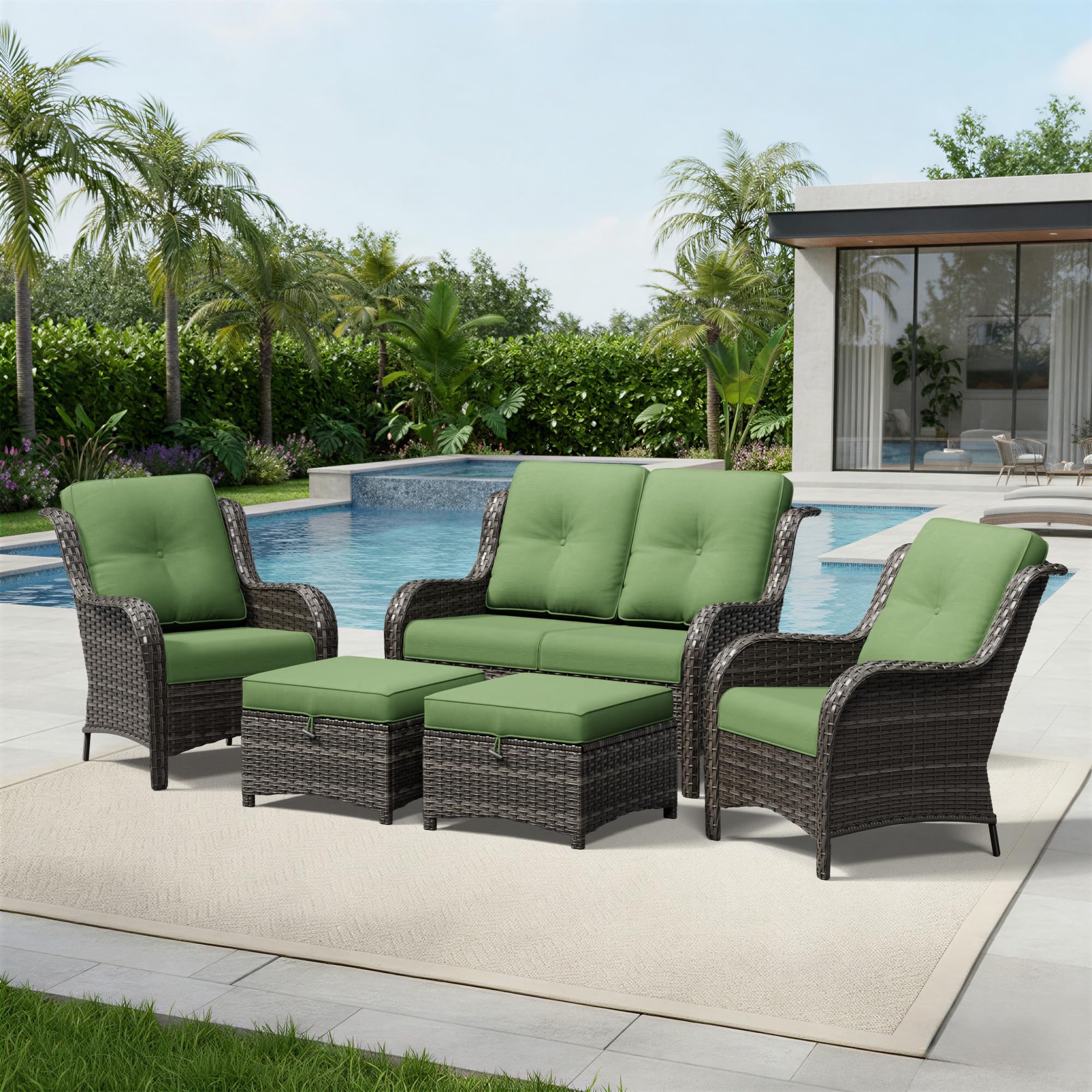 Joyside 5 Piece Wicker Patio Furniture Set, Rattan Patio Chairs with High Back, Deep Seating, Wide Armrest, Thickened Cushions, Outdoor Furniture for Deck, Porch Use