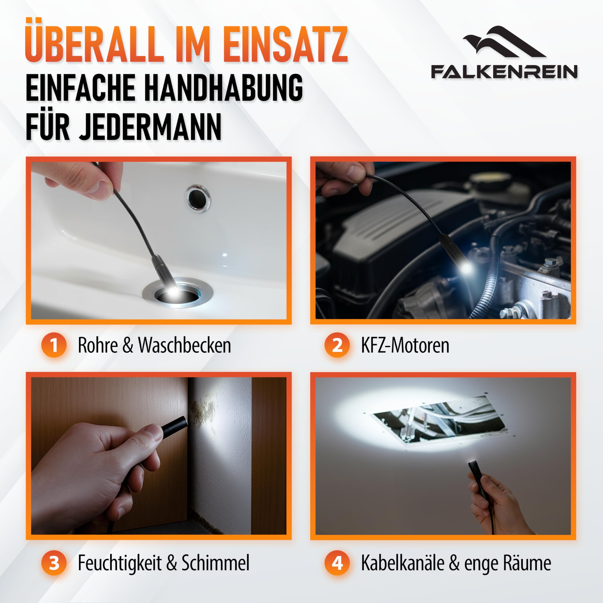 Smart Inspect Set – fotocamera endoscopio con luce e pratici accessori, compatibile con iOS e Android, fotocamera endoscopio di alta qualità per ispezioni senza sforzo di scarico, auto